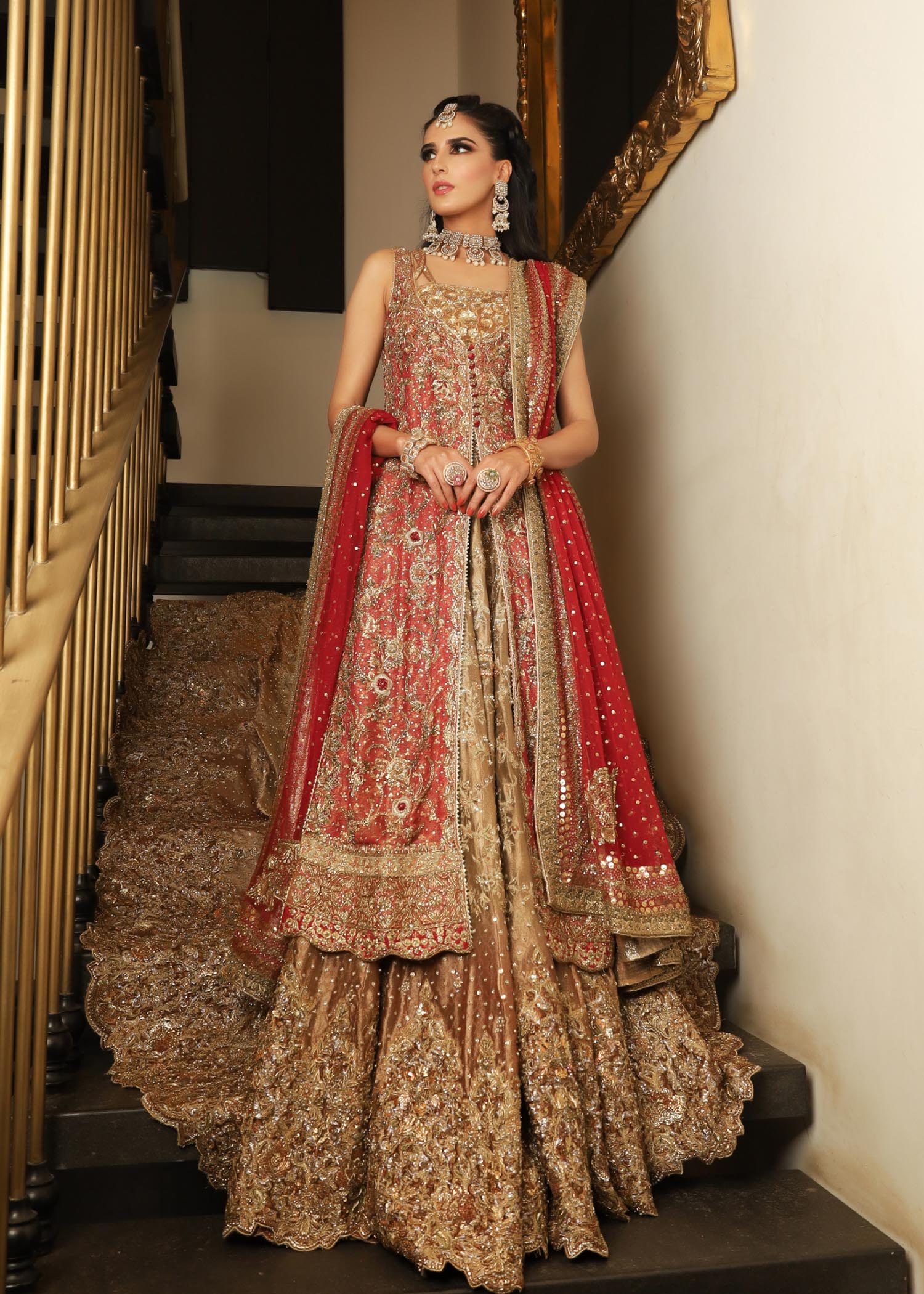 Pakistani Antique Gold & Deep Red Embellished Silk Lehenga (3-Piece) - Image 7