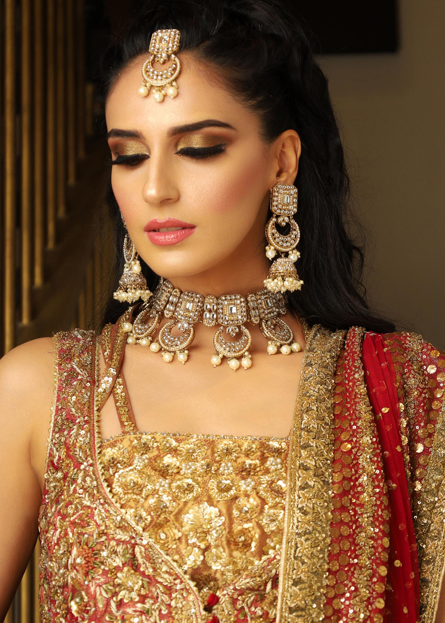 Pakistani Antique Gold & Deep Red Embellished Silk Lehenga (3-Piece) - Image 8