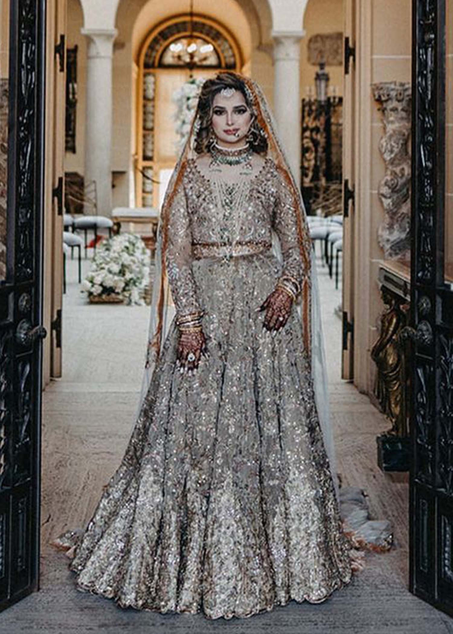 Pakistani Antique Gold Embellished Silk Bridal Lehenga (3-Piece) - Image 1