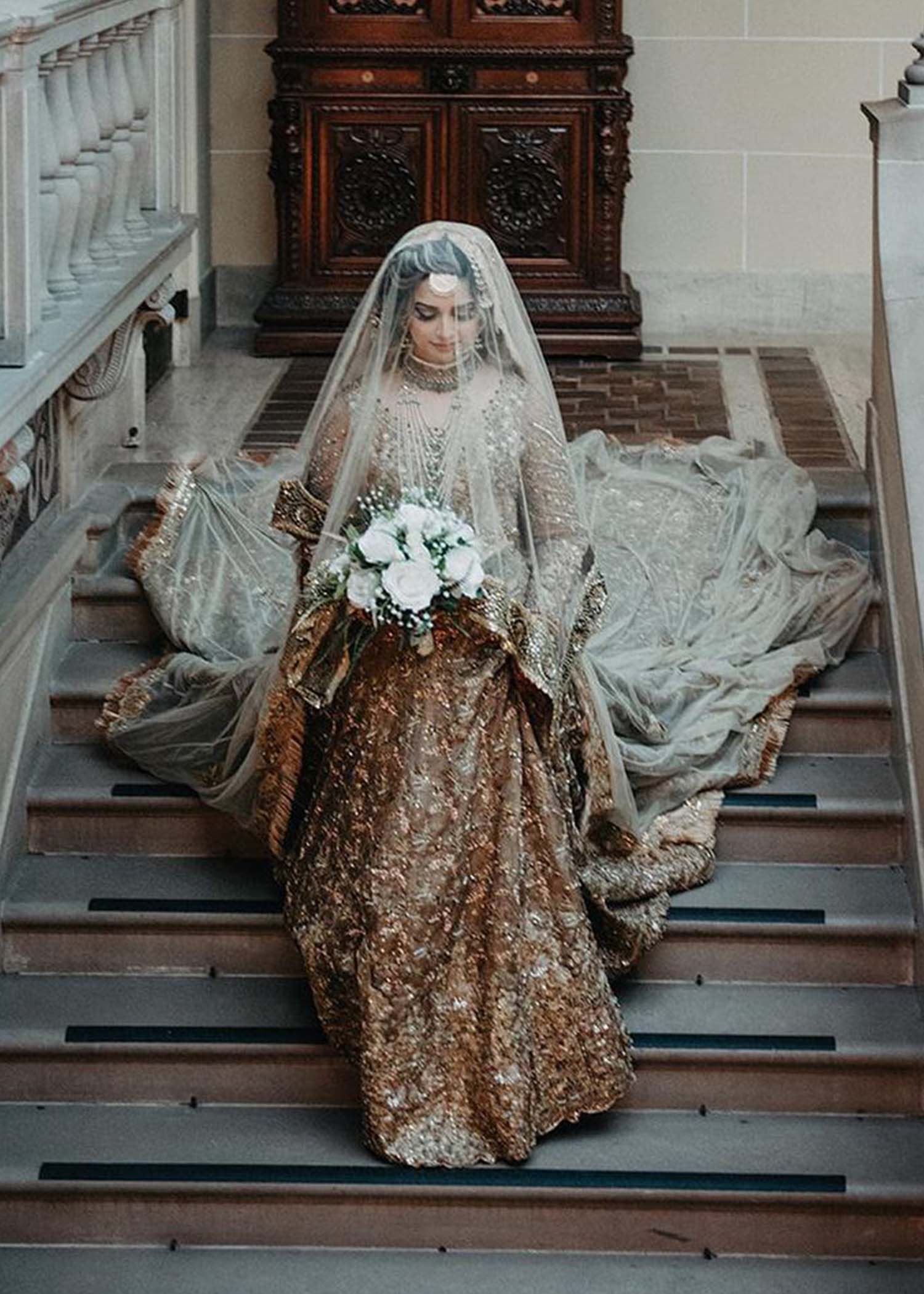 Pakistani Antique Gold Embellished Silk Bridal Lehenga (3-Piece) - Image 5