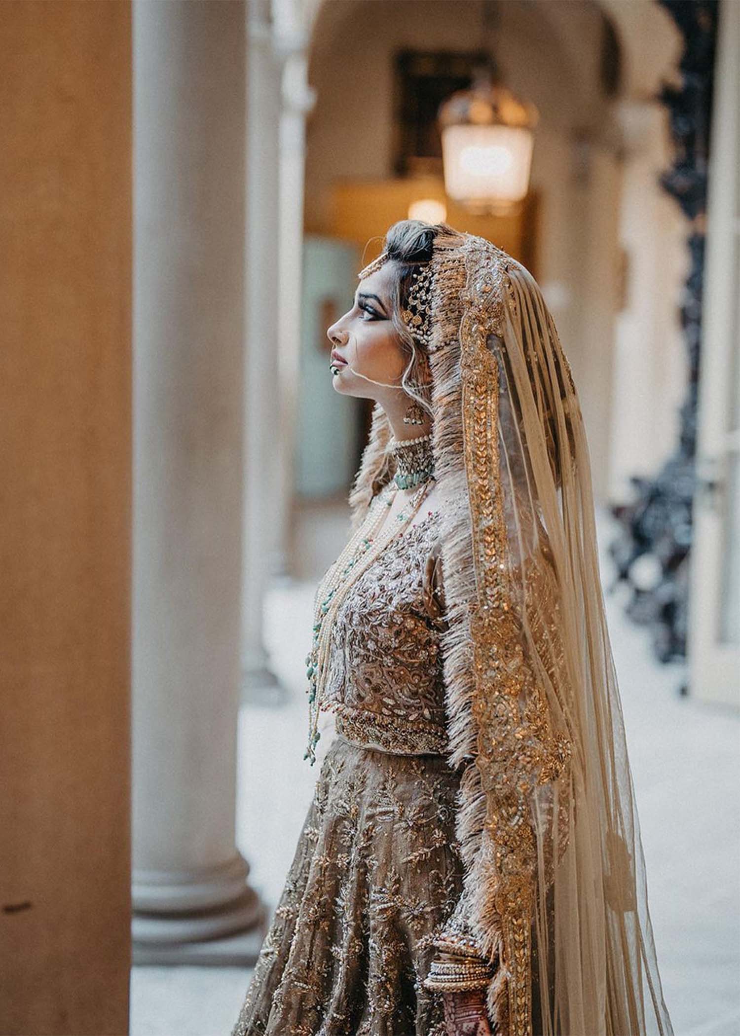 Pakistani Antique Gold Embellished Silk Bridal Lehenga (3-Piece) - Image 8