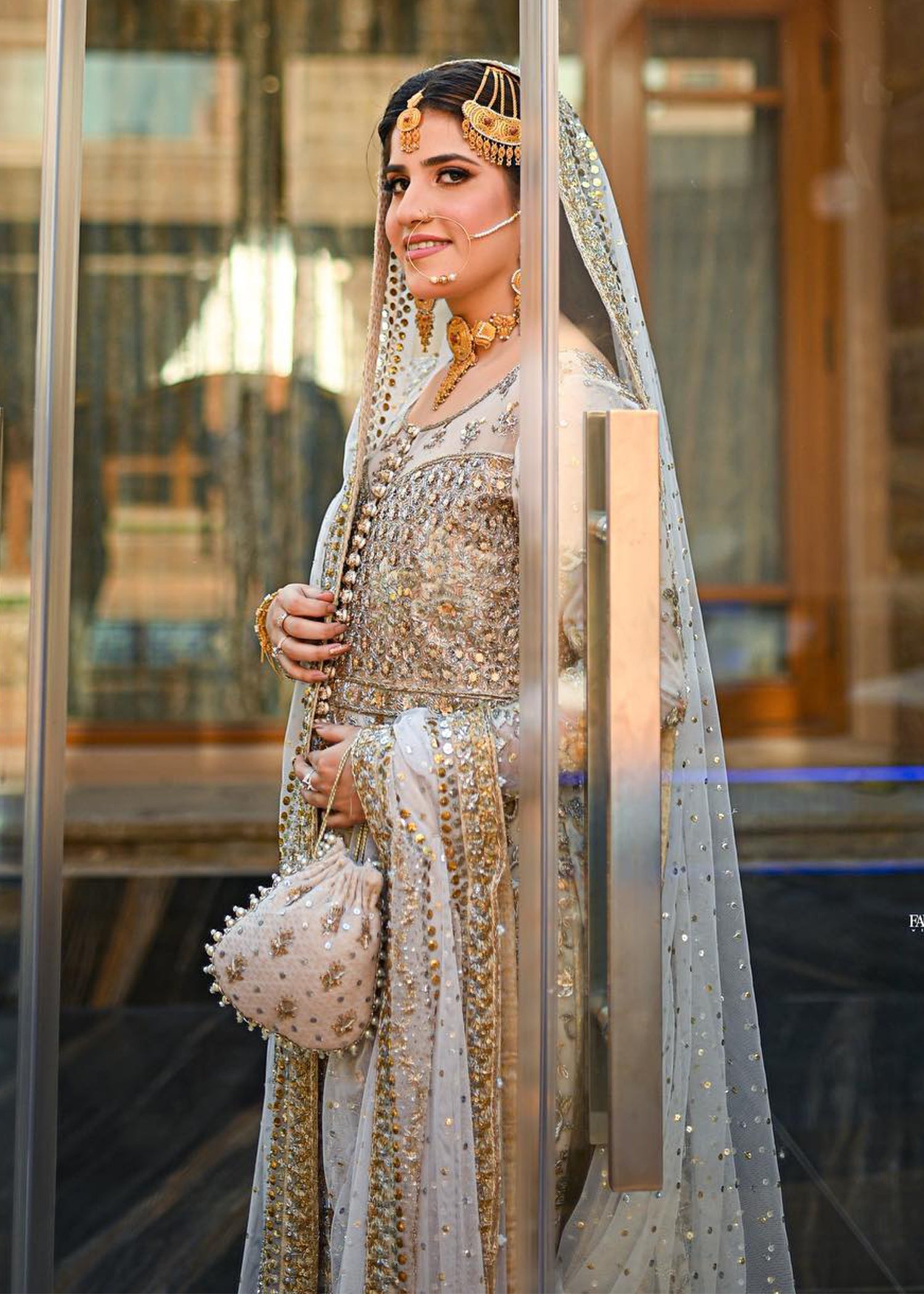 Pakistani Silver Gold Hand-Embellished Silk Organza Bridal Lehenga (3-Piece) - Image 1