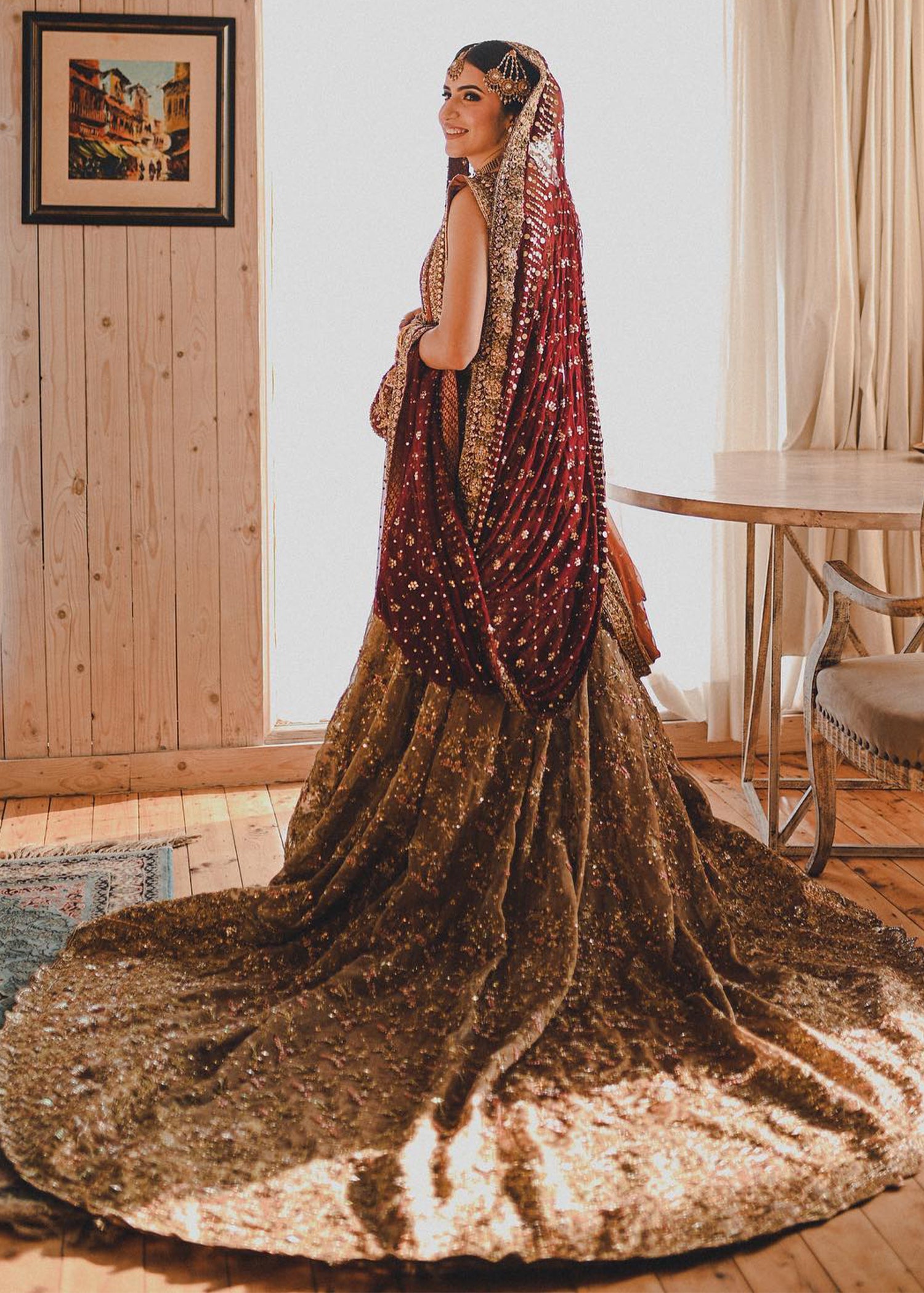 Deep Maroon Gold Embellished Silk Bridal Lehenga (3-Piece) - Image 1