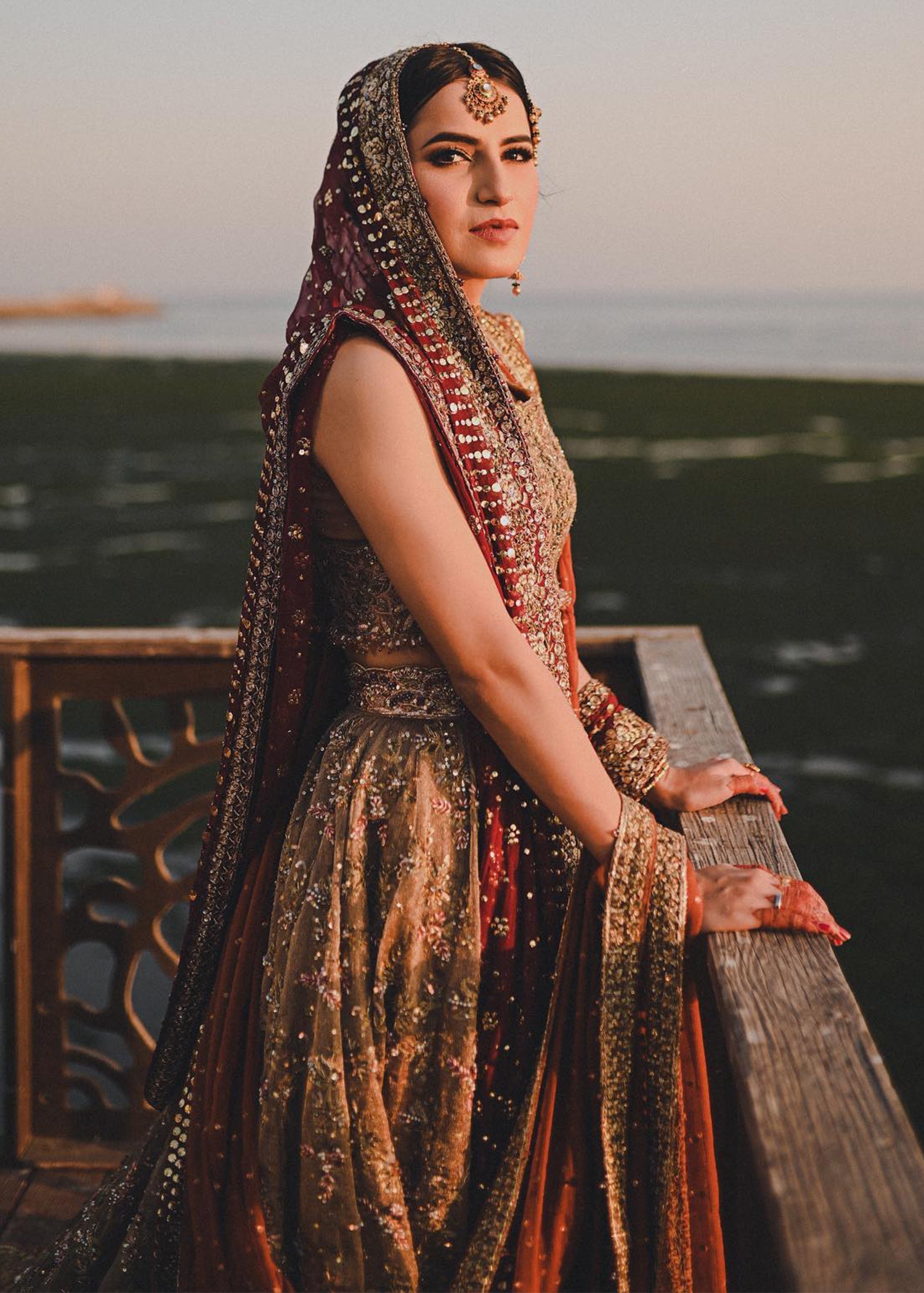 Deep Maroon Gold Embellished Silk Bridal Lehenga (3-Piece) - Image 2