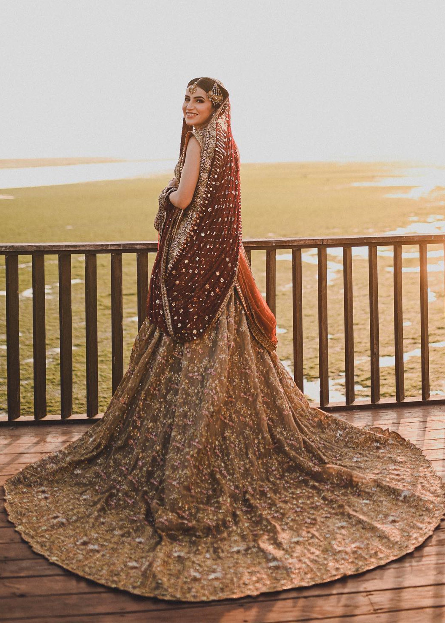 Deep Maroon Gold Embellished Silk Bridal Lehenga (3-Piece) - Image 4