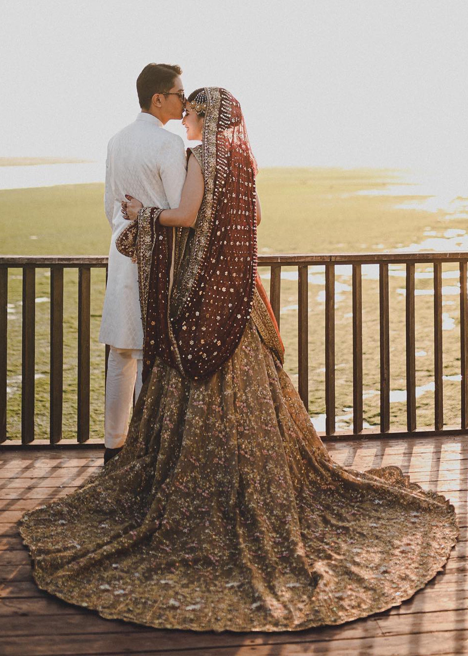 Deep Maroon Gold Embellished Silk Bridal Lehenga (3-Piece) - Image 5