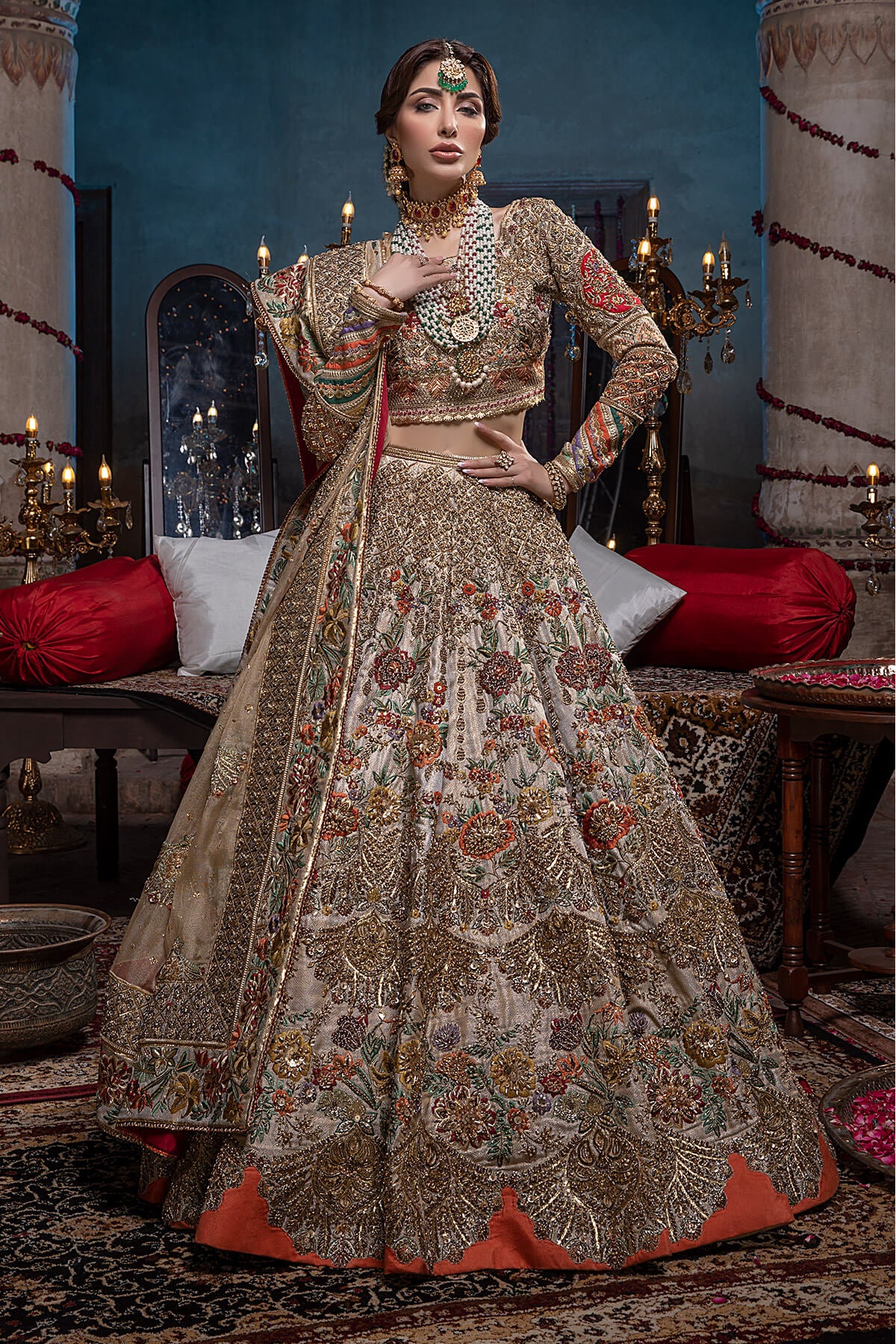 Gold Zardozi Embroidered Silk Lehenga Choli (3-Piece) - Image 1