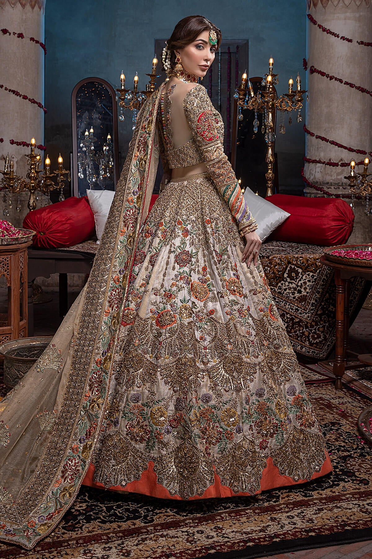 Gold Zardozi Embroidered Silk Lehenga Choli (3-Piece) - Image 2