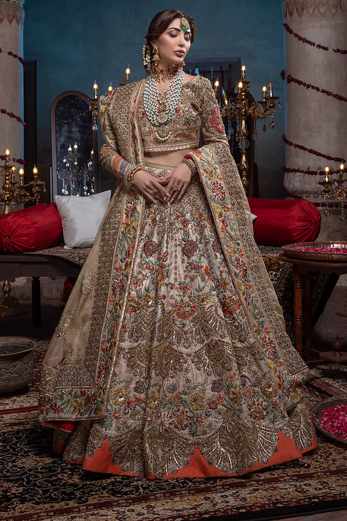 Gold Zardozi Embroidered Silk Lehenga Choli (3-Piece) - Image 3