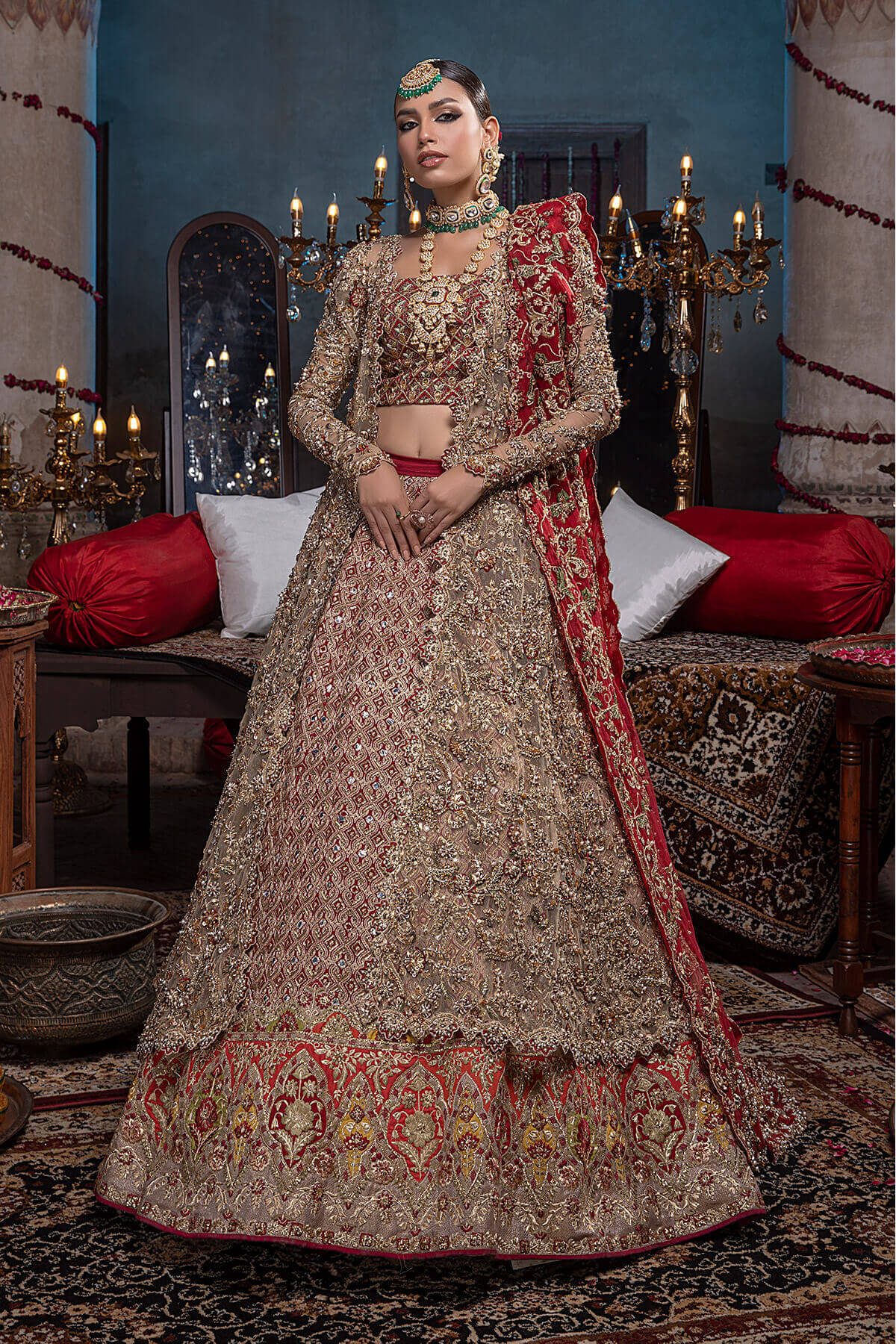 Antique Gold Zardozi Silk & Net Lehenga (3-Piece) - Image 1