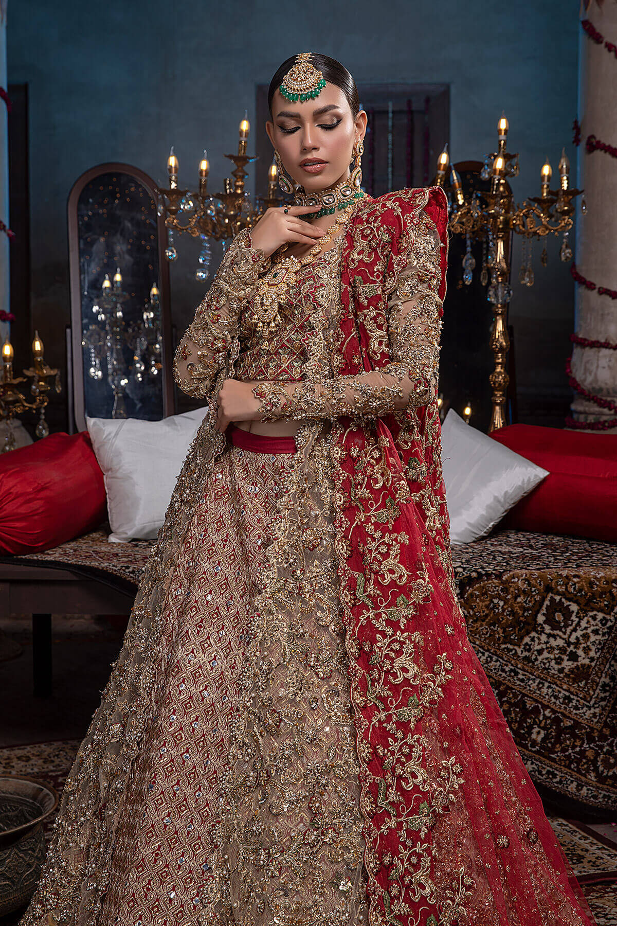 Antique Gold Zardozi Silk & Net Lehenga (3-Piece) - Image 2