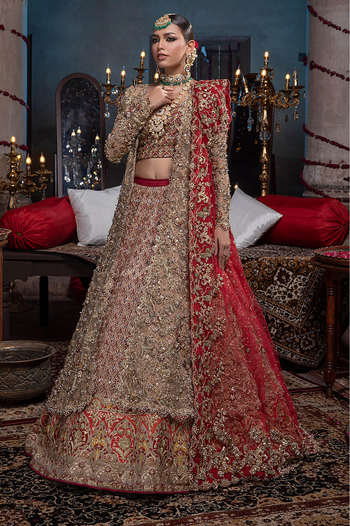 Antique Gold Zardozi Silk & Net Lehenga (3-Piece) - Image 3