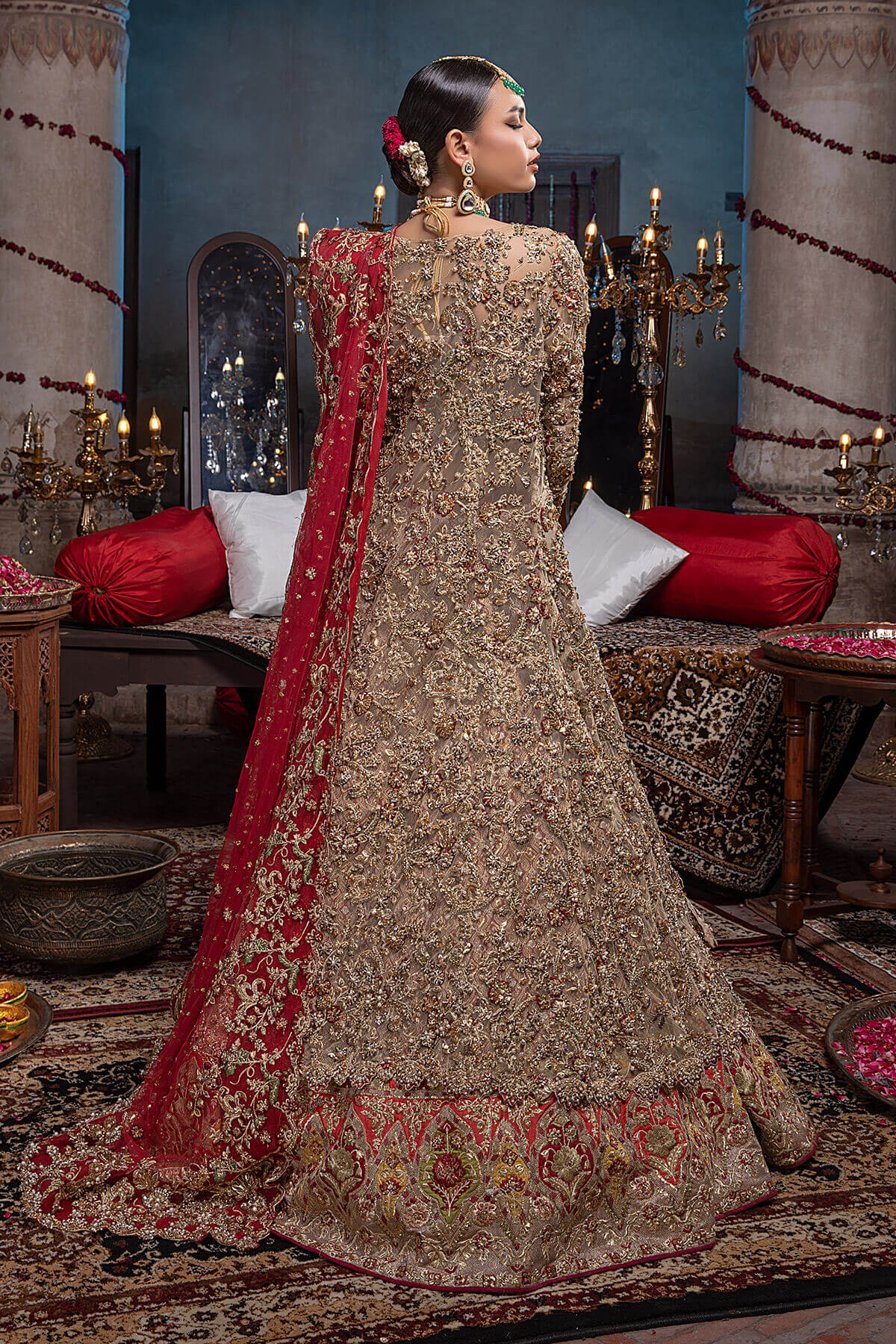 Antique Gold Zardozi Silk & Net Lehenga (3-Piece) - Image 4