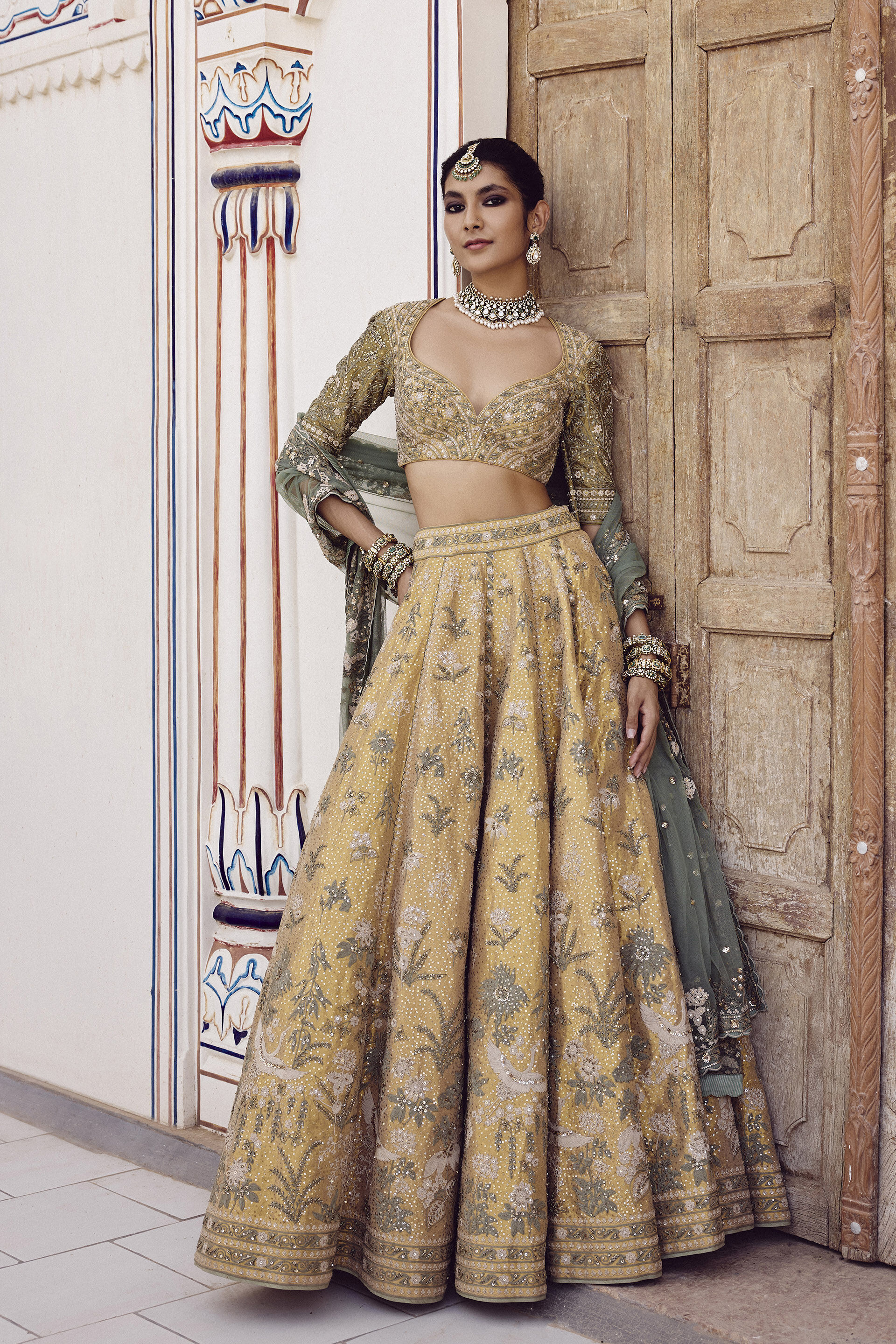 Gold Zardozi Embroidered Silk Lehenga (3-Piece) - Image 1