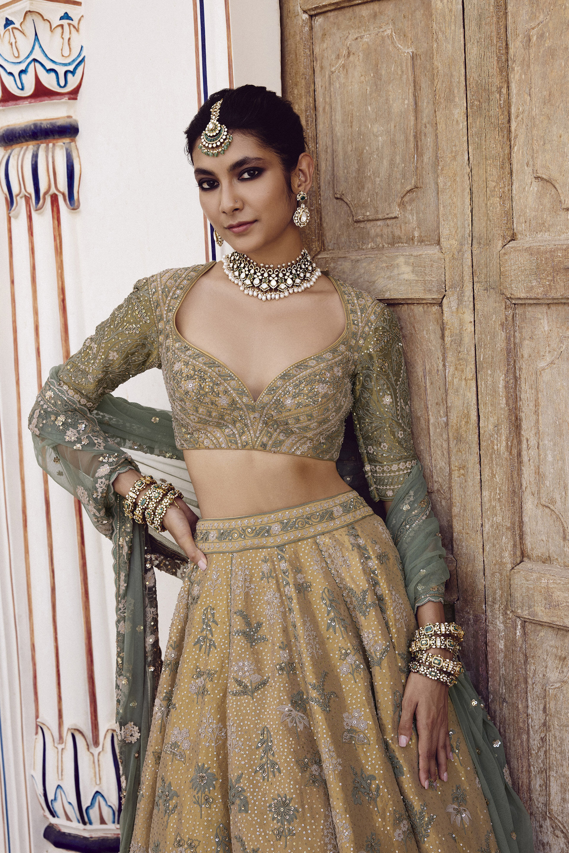 Gold Zardozi Embroidered Silk Lehenga (3-Piece) - Image 4
