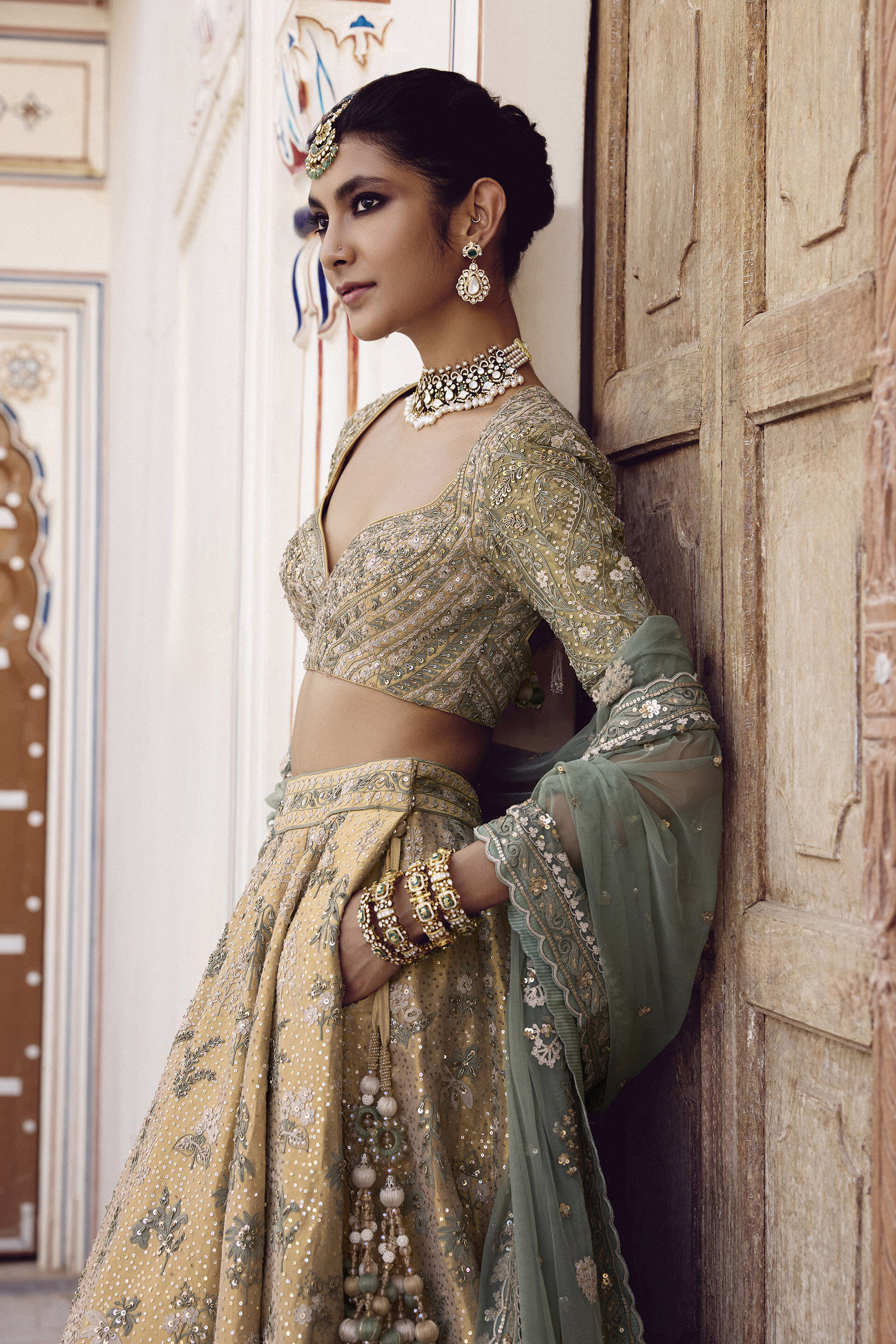 Gold Zardozi Embroidered Silk Lehenga (3-Piece) - Image 5