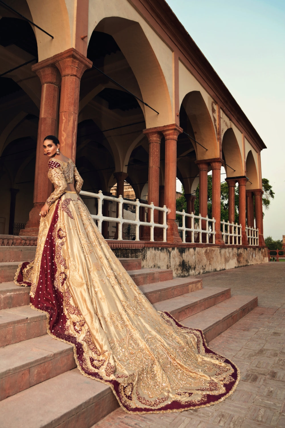 Pakistani Gold Maroon Embellished Silk Velvet Bridal Lehenga (3-Piece) - Image 1