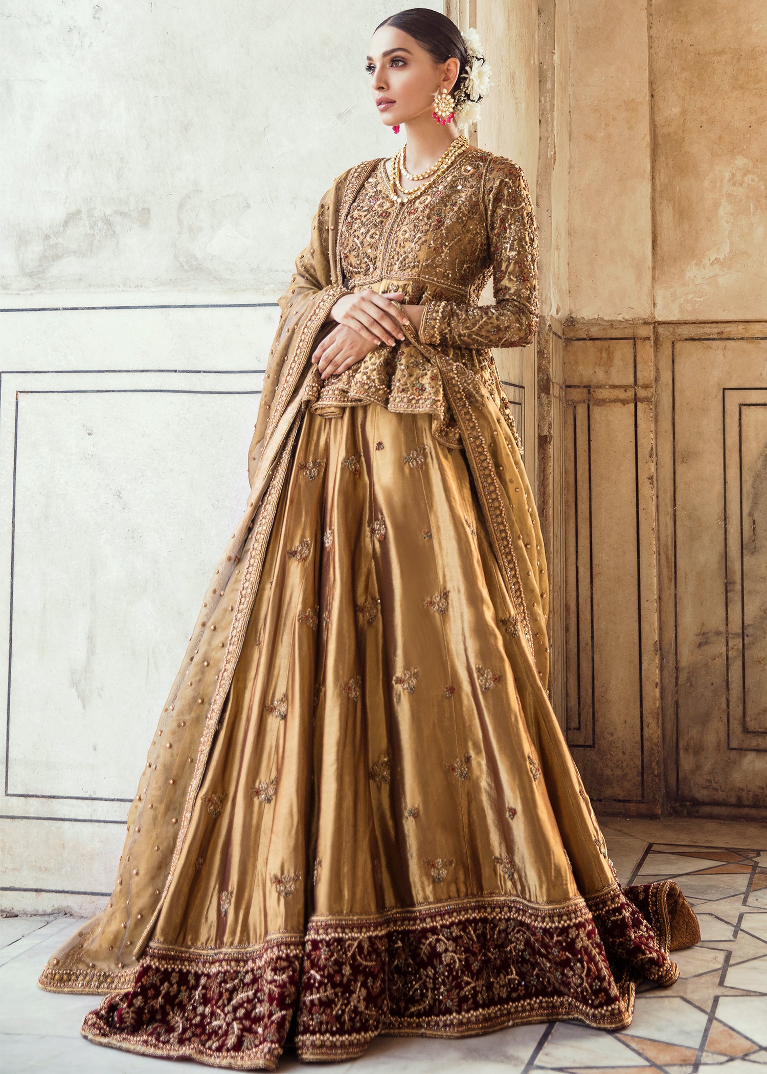 Antique Gold Embellished Silk Peplum Lehenga (3-Piece) - Image 2