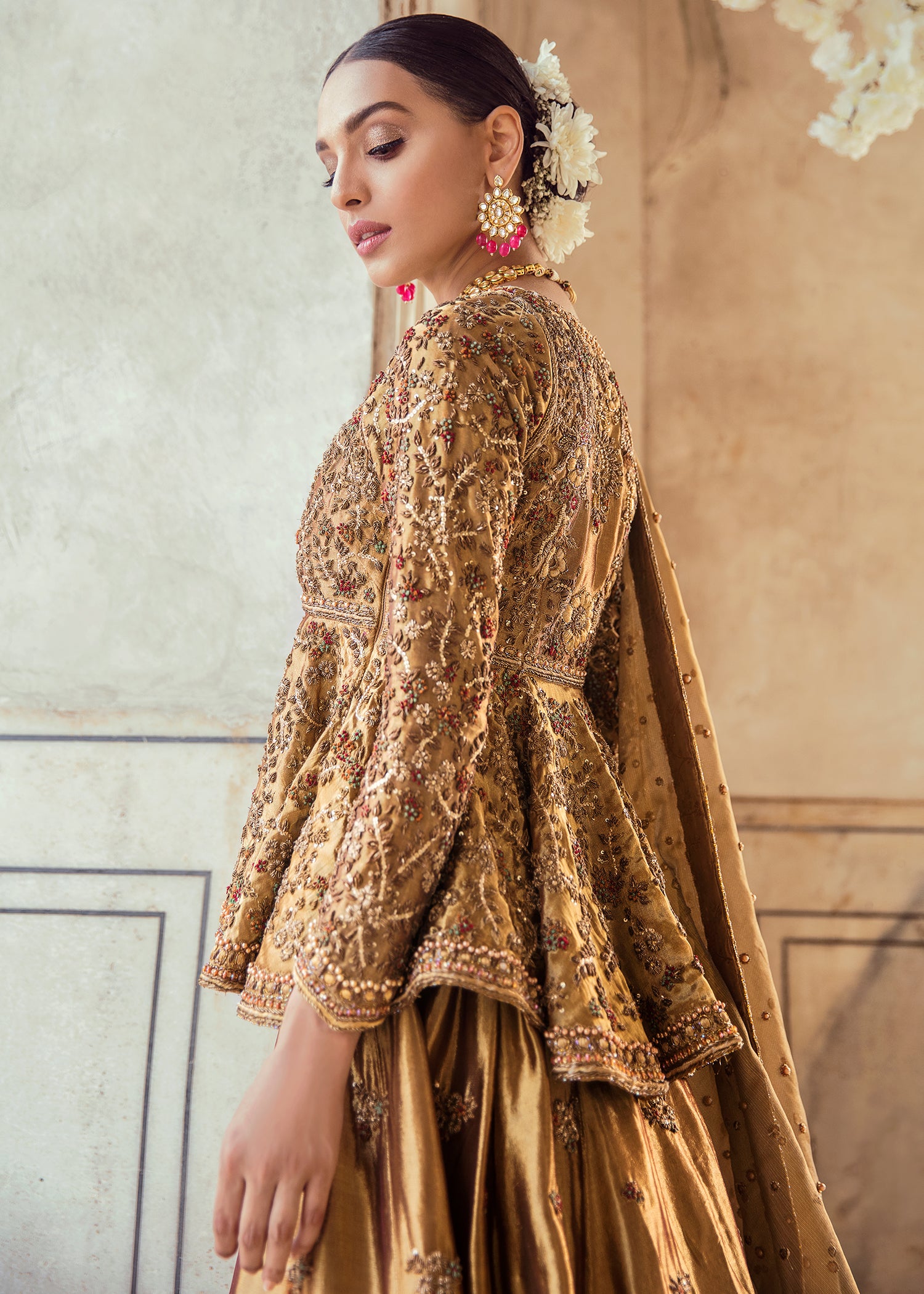Antique Gold Embellished Silk Peplum Lehenga (3-Piece) - Image 3
