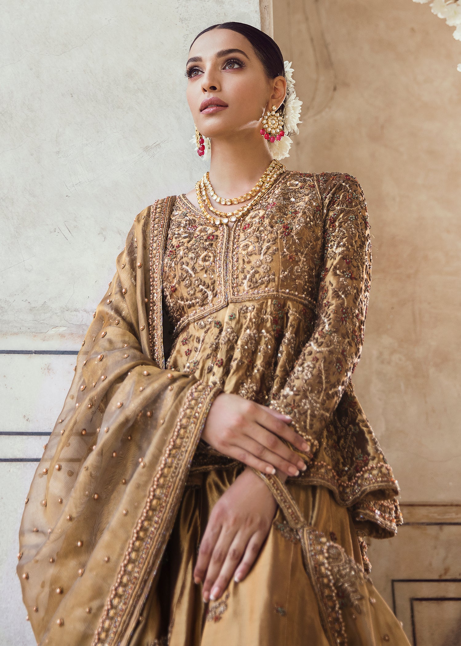 Antique Gold Embellished Silk Peplum Lehenga (3-Piece) - Image 4