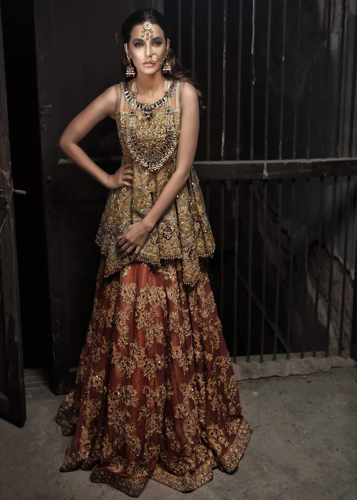 Pakistani Antique Gold Embellished Silk Peplum Lehenga (2-Piece) - Image 1