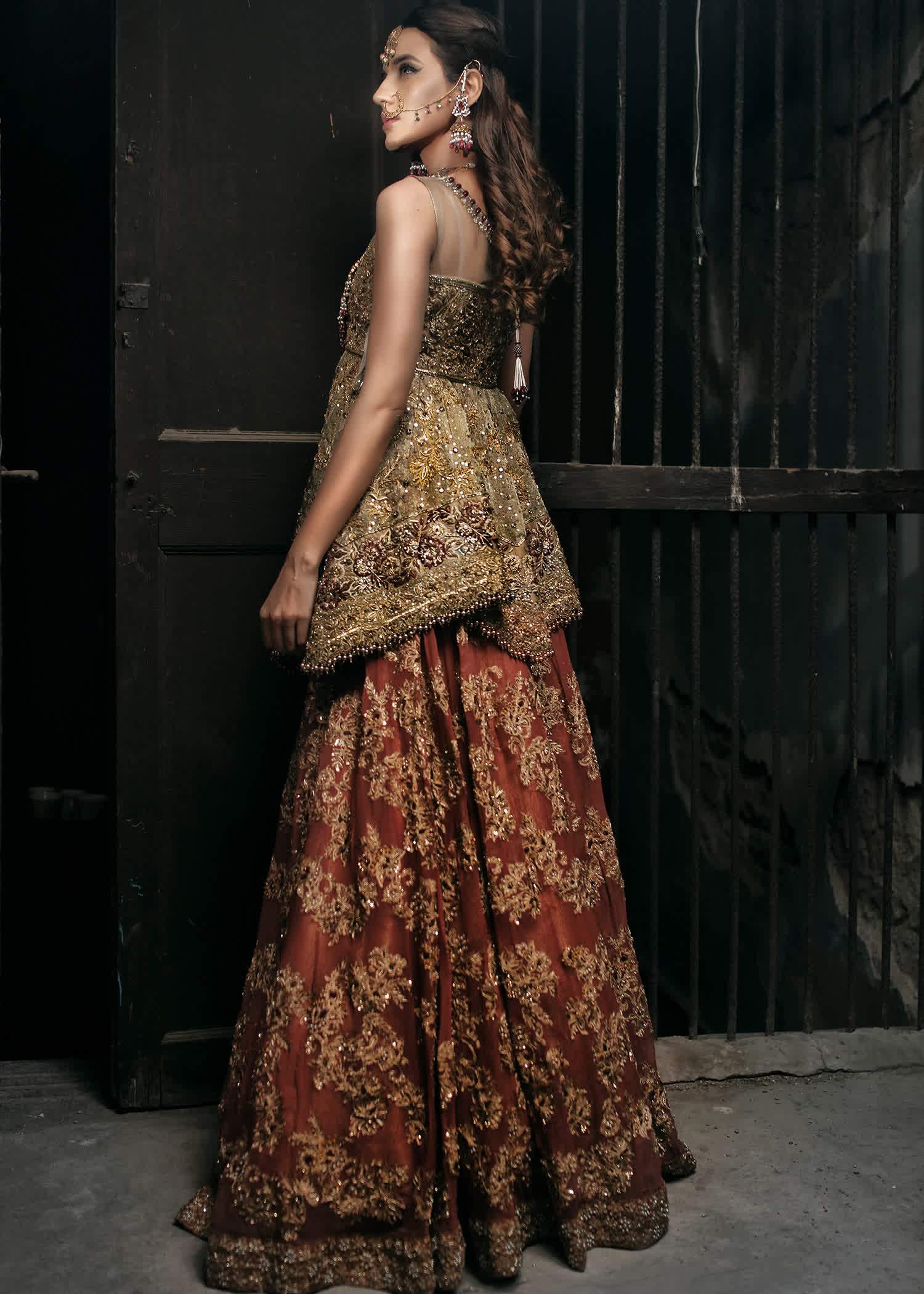 Pakistani Antique Gold Embellished Silk Peplum Lehenga (2-Piece) - Image 2