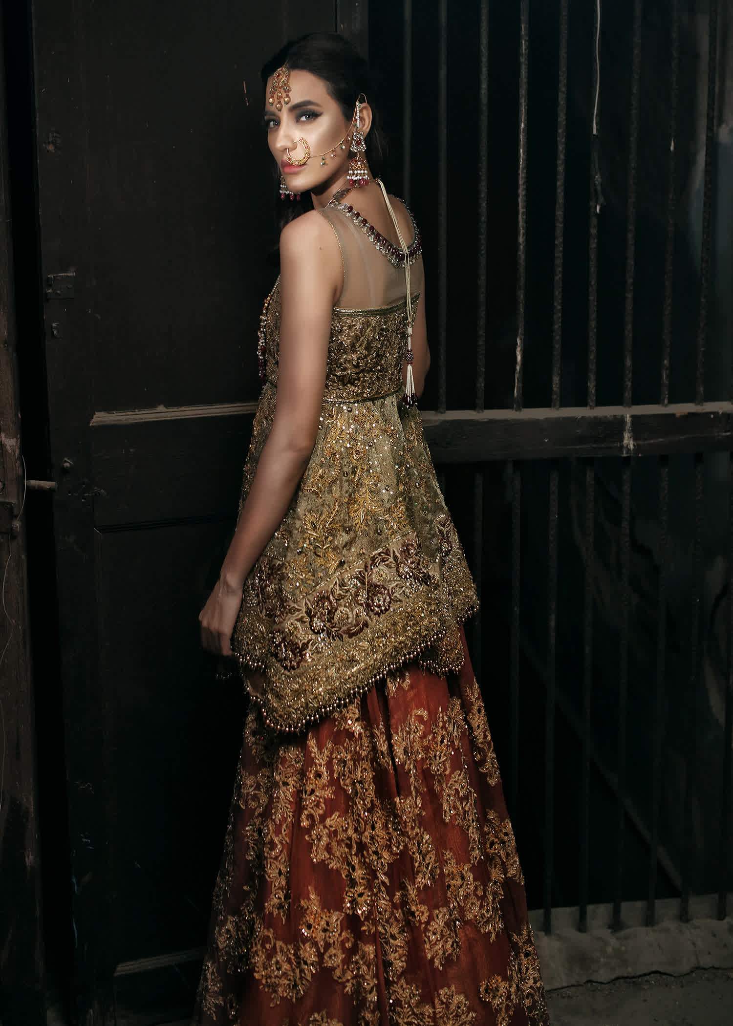 Pakistani Antique Gold Embellished Silk Peplum Lehenga (2-Piece) - Image 3