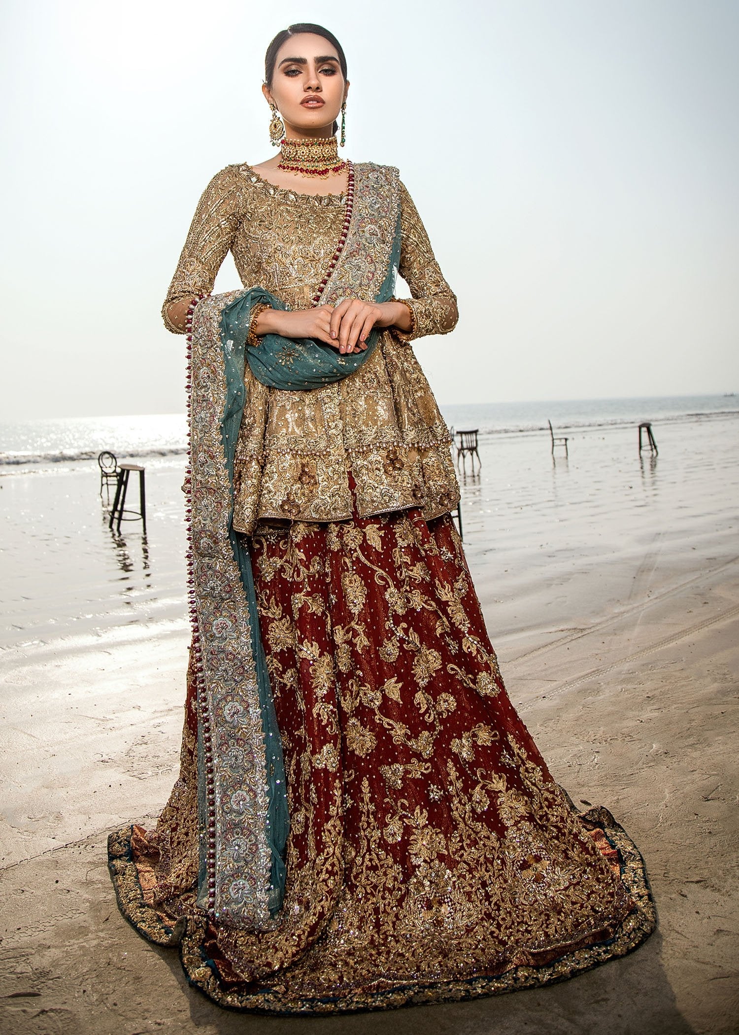 Antique Gold Zardozi Net Peplum Lehenga (3-Piece) - Image 1