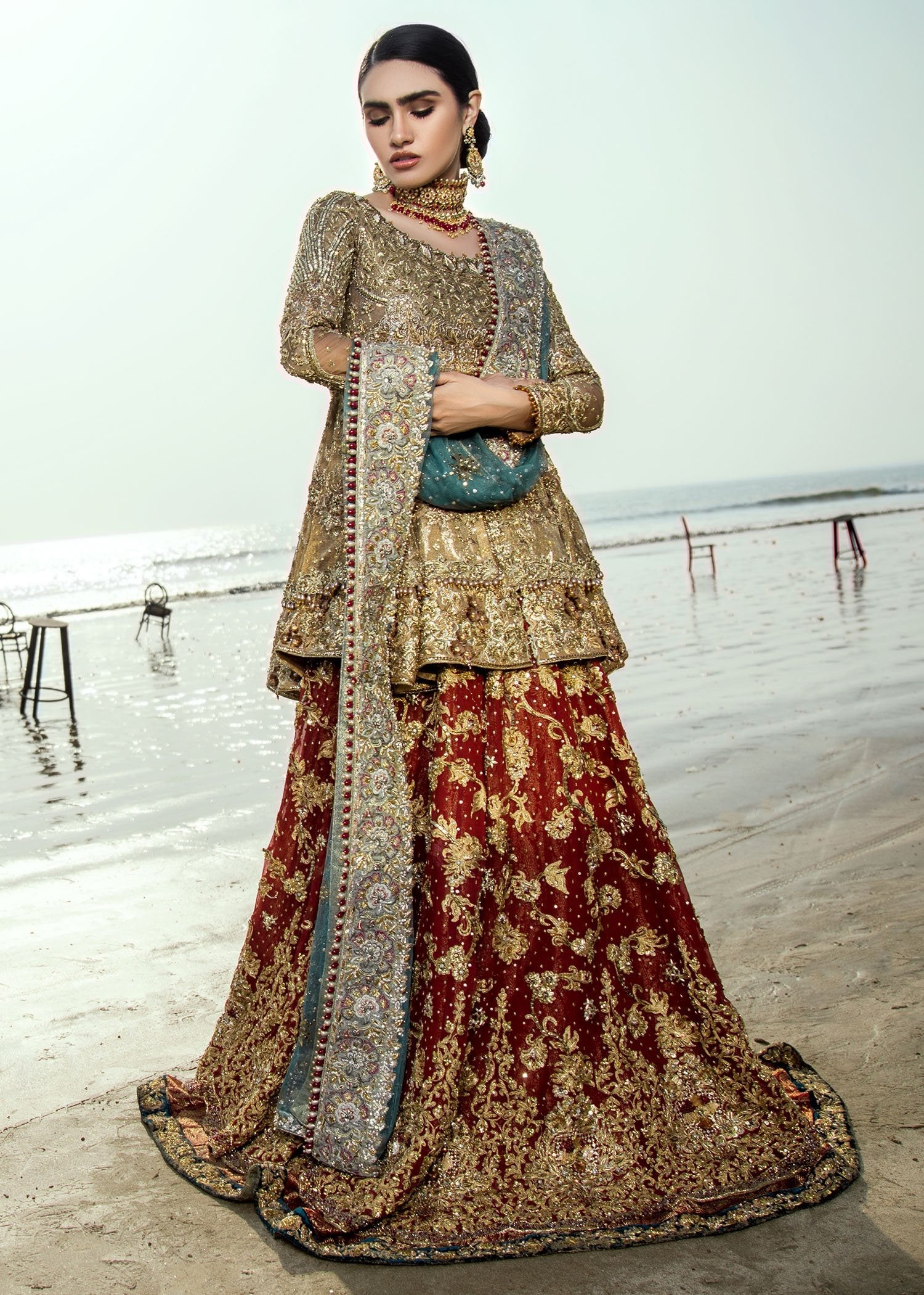 Antique Gold Zardozi Net Peplum Lehenga (3-Piece) - Image 2