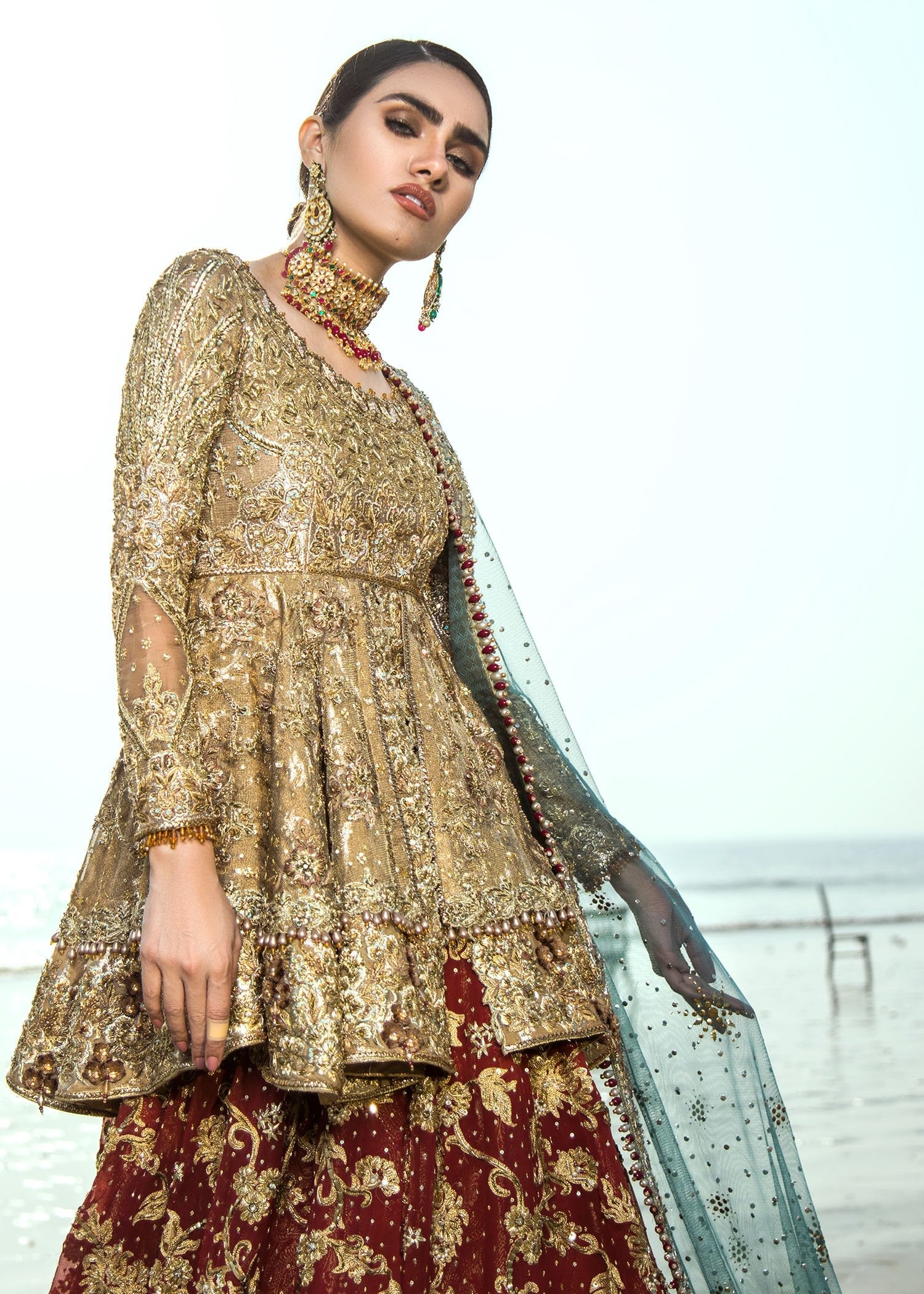 Antique Gold Zardozi Net Peplum Lehenga (3-Piece) - Image 3