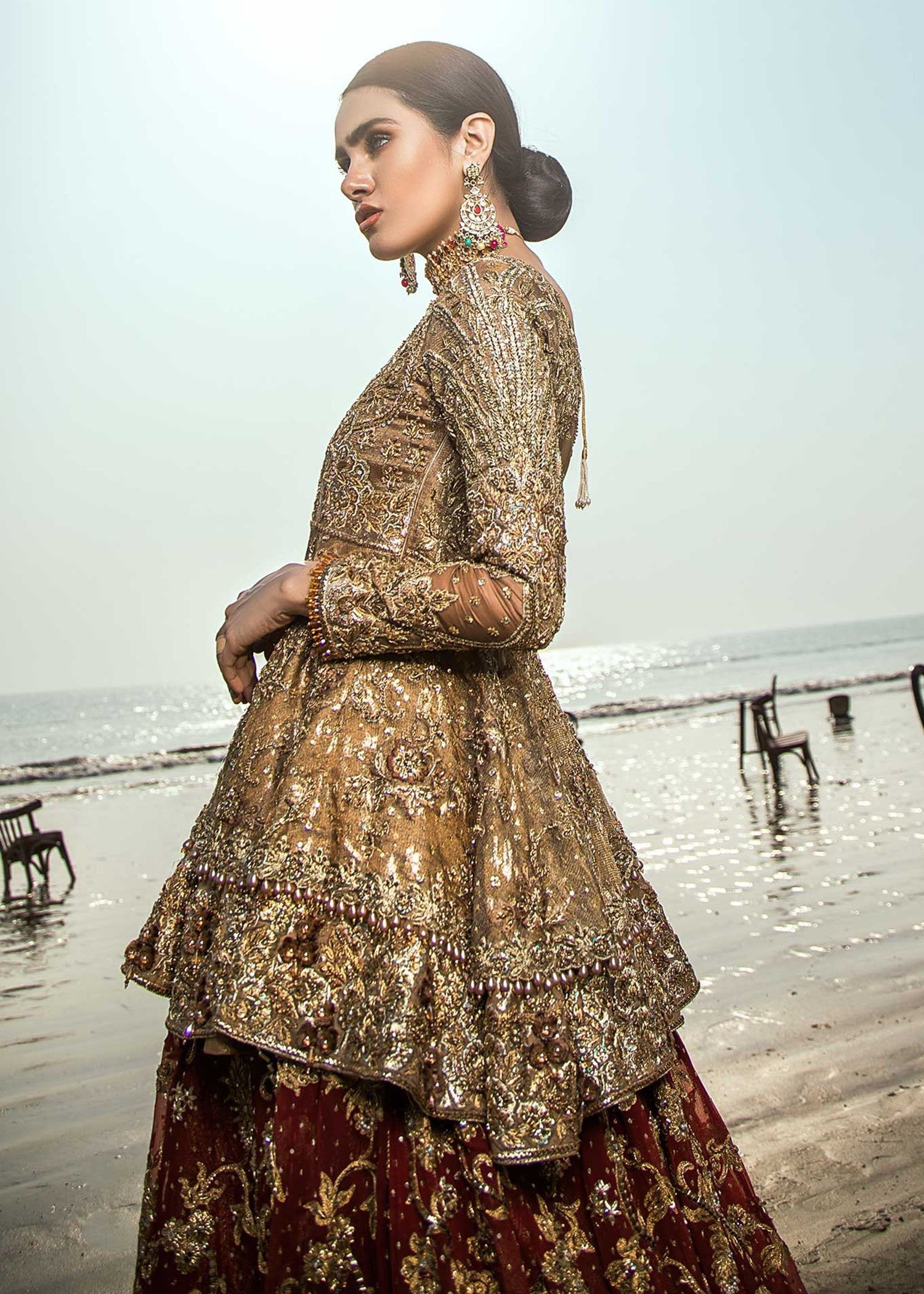 Antique Gold Zardozi Net Peplum Lehenga (3-Piece) - Image 4