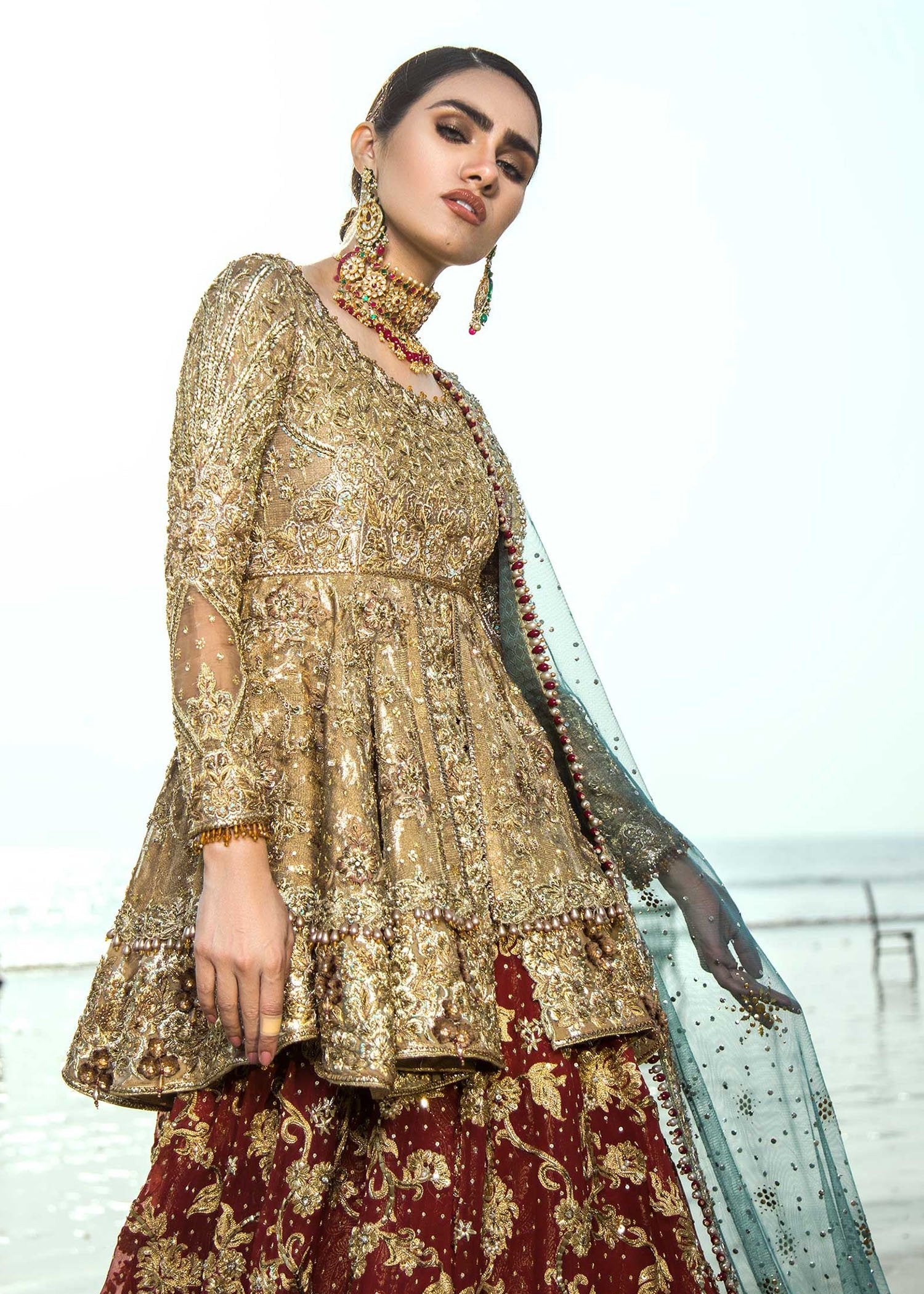 Antique Gold Zardozi Net Peplum Lehenga (3-Piece) - Image 5