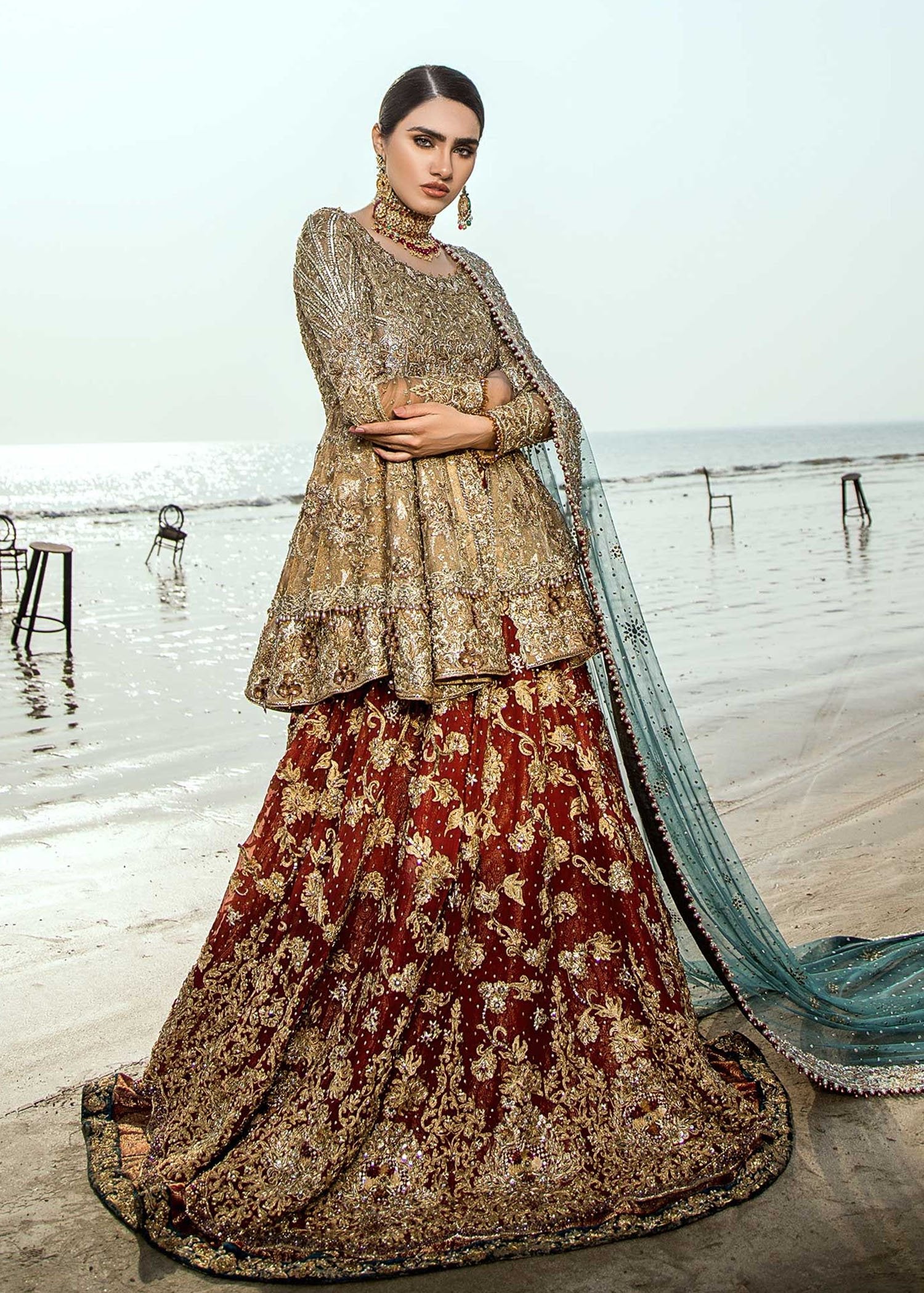Antique Gold Zardozi Net Peplum Lehenga (3-Piece) - Image 6