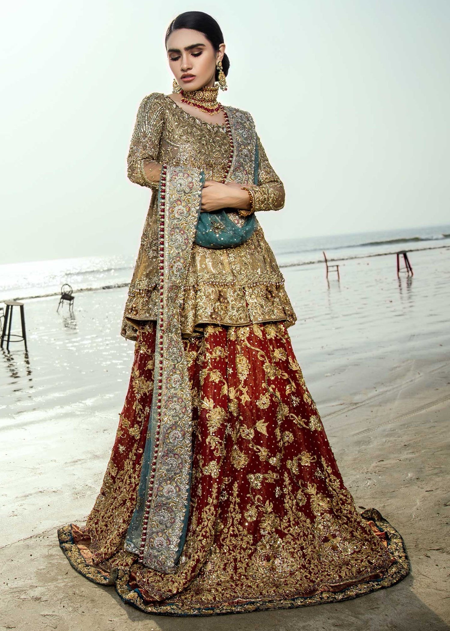 Antique Gold Zardozi Net Peplum Lehenga (3-Piece) - Image 7