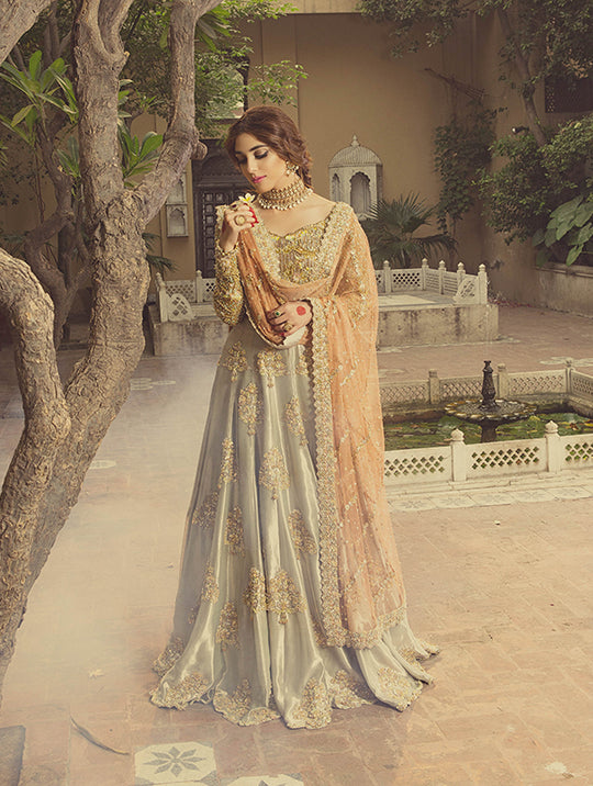 Pakistani Pale Gold Embellished Silk Bridal Lehenga (3-Piece) - Image 1