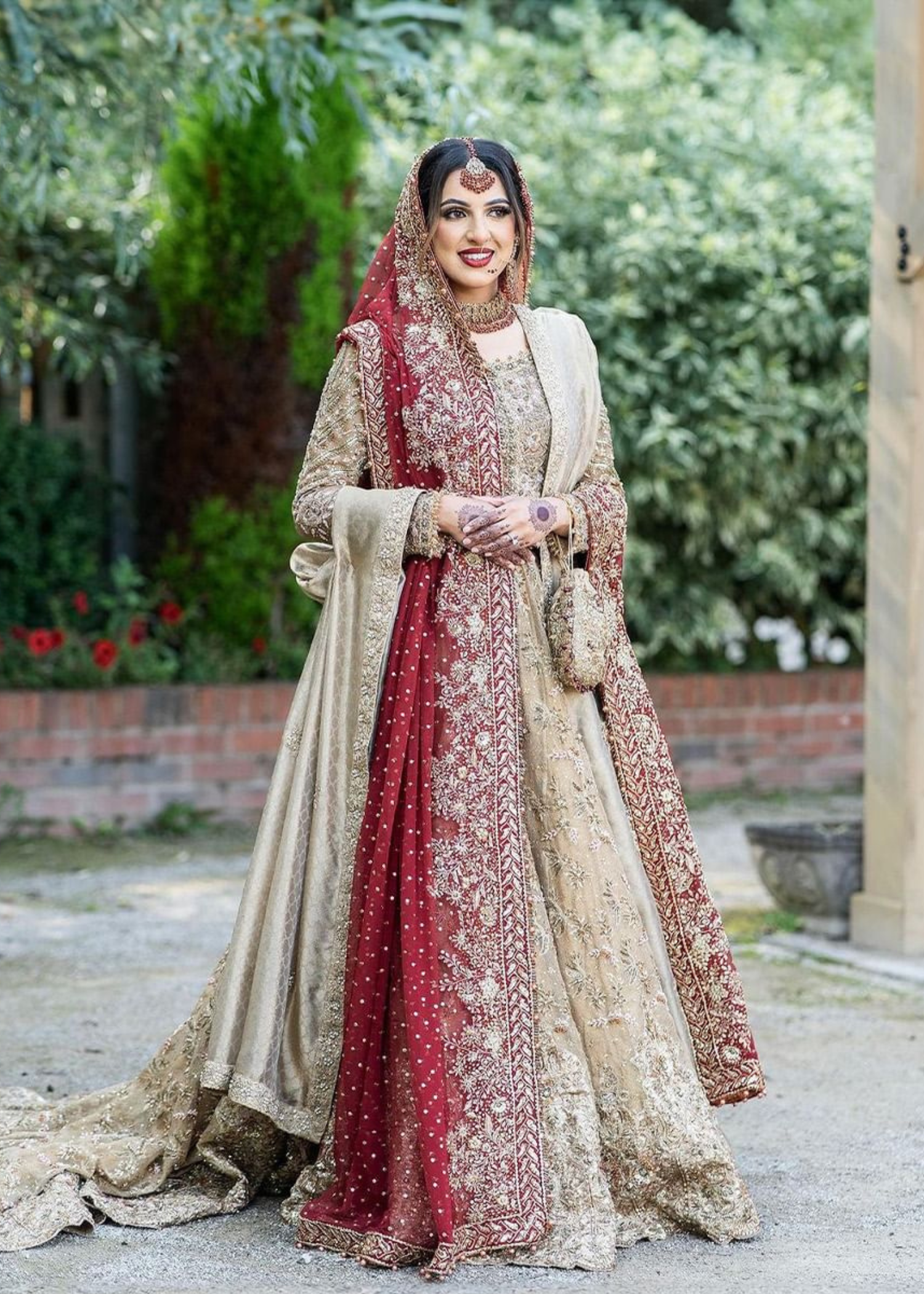 Gold and Deep Red Zardozi Silk Bridal Lehenga (3-Piece) - Image 1