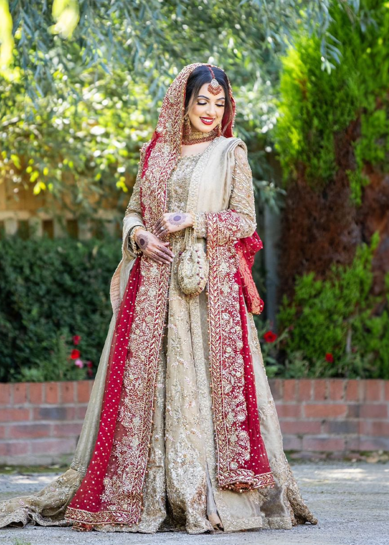 Gold and Deep Red Zardozi Silk Bridal Lehenga (3-Piece) - Image 4
