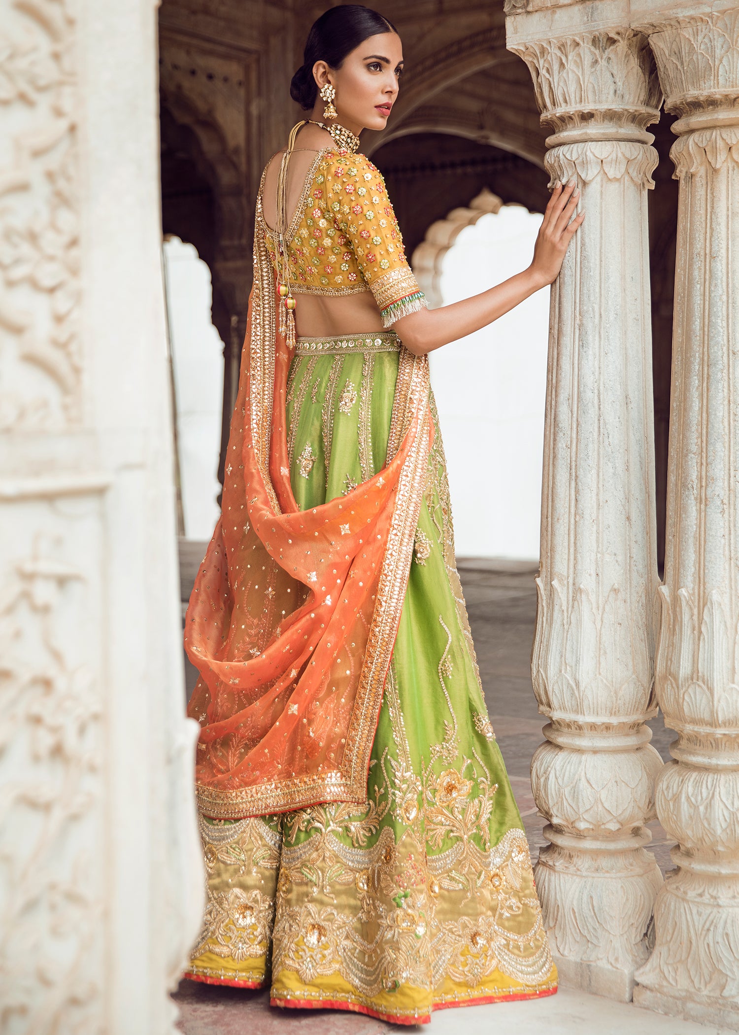 Mustard Green Orange Embellished Silk Bridal Lehenga (3-Piece) - Image 2