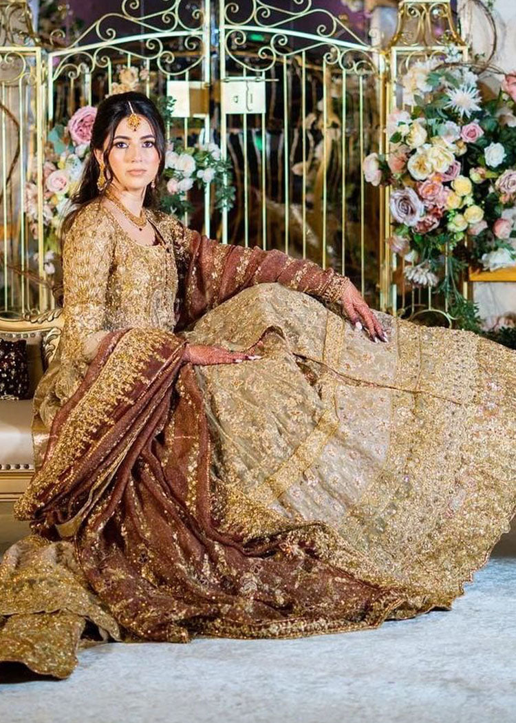 Pakistani Antique Gold Maroon Zardozi Silk Bridal Lehenga (3-Piece) - Image 1