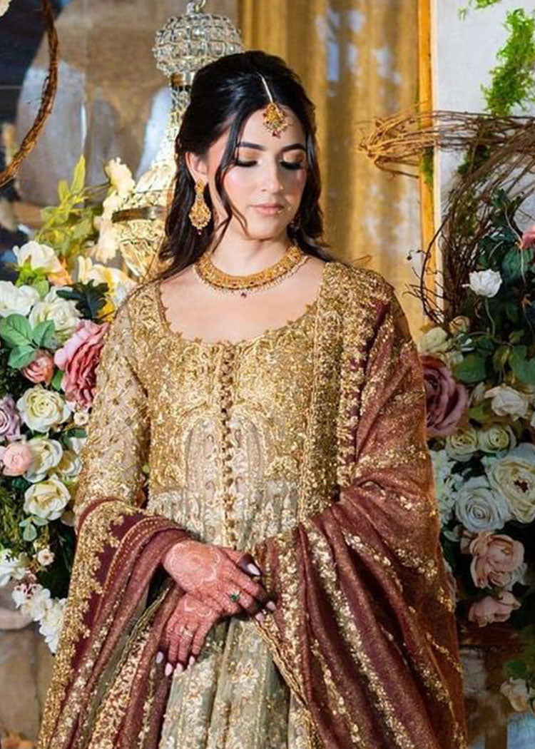 Pakistani Antique Gold Maroon Zardozi Silk Bridal Lehenga (3-Piece) - Image 3