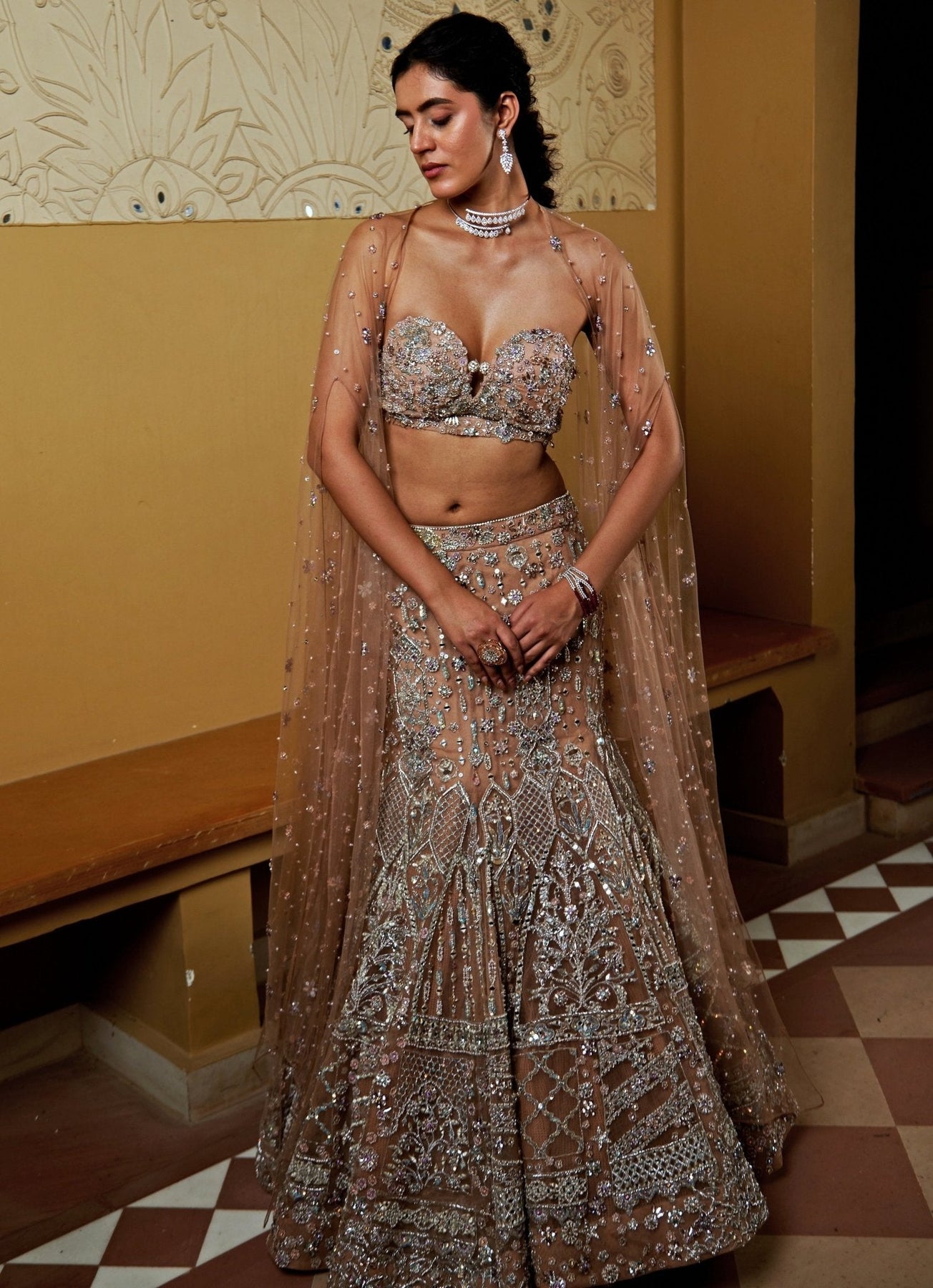 Nude Gold Embroidered Soft Net Mermaid Lehenga (3-Piece) - Image 3