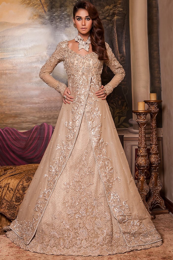 Pakistani Gold Zardozi Sponge Net Tissue Bridal Gown (3-Piece) - Image 1