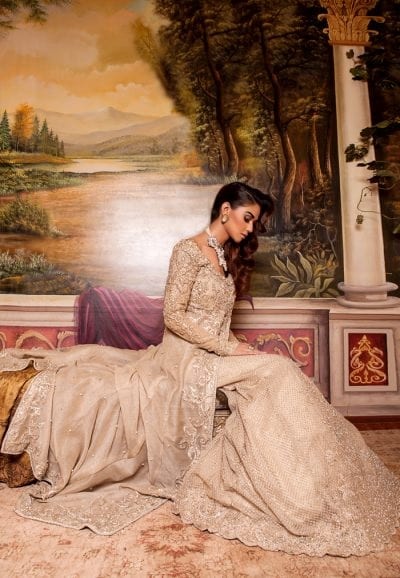 Pakistani Gold Zardozi Sponge Net Tissue Bridal Gown (3-Piece) - Image 4