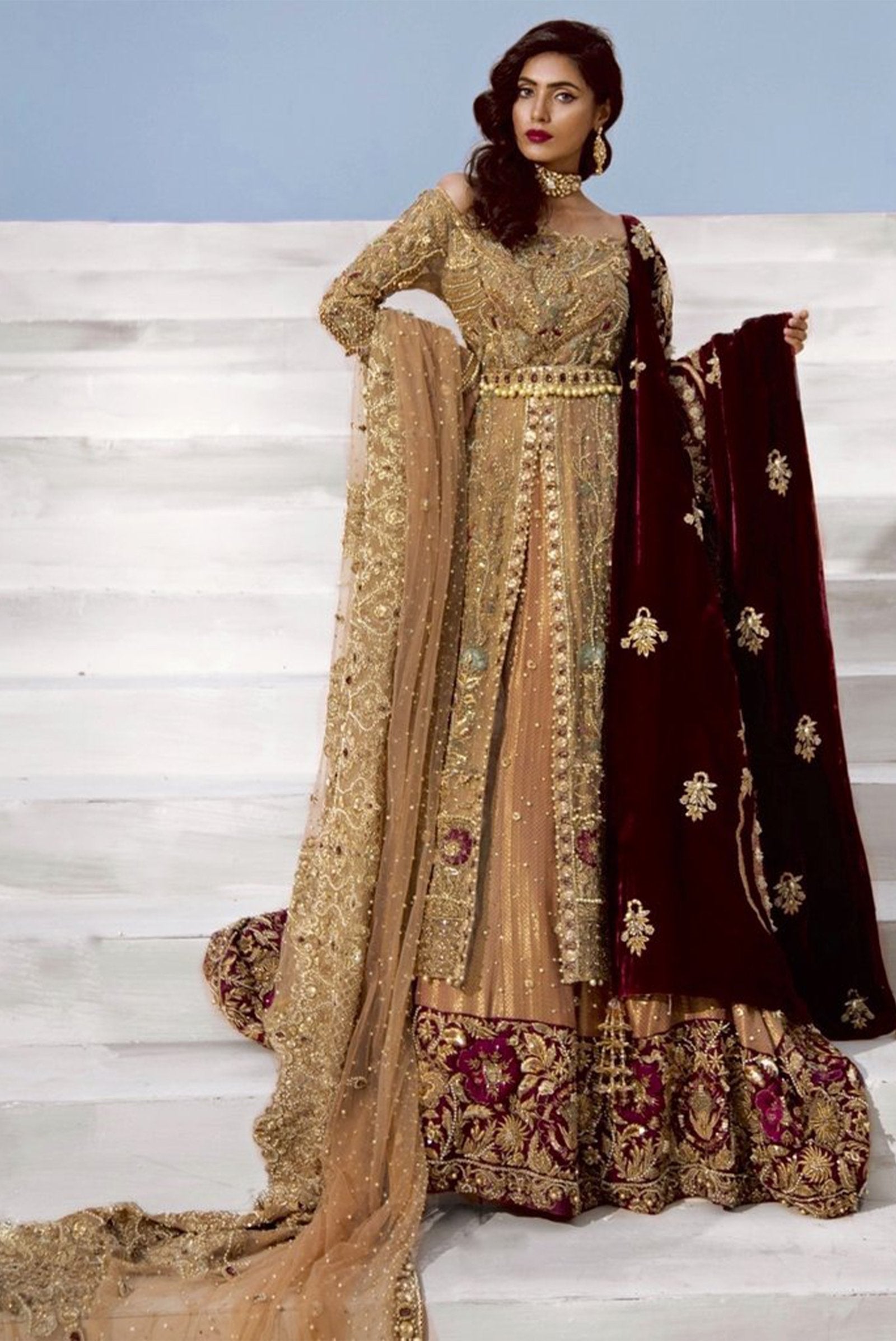 Pakistani Champagne-Gold Embroidered Tissue Gown with Atlas Lehenga (3-Piece) - Image 1