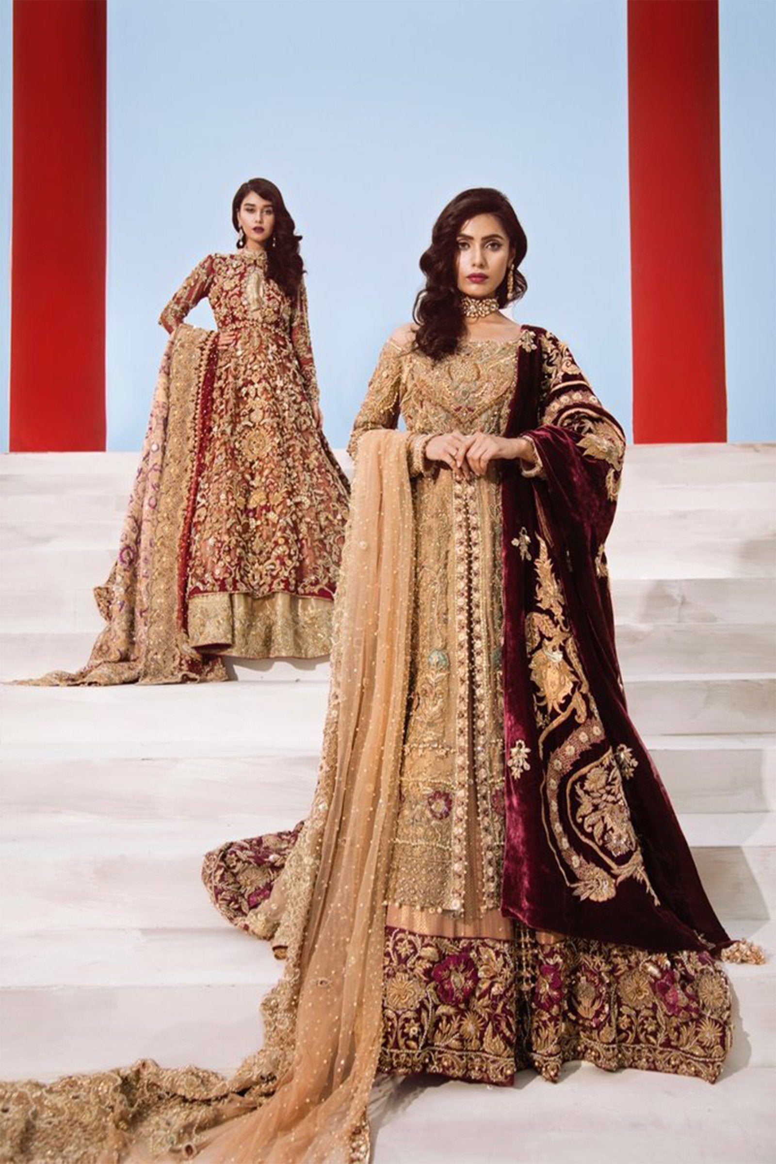 Pakistani Champagne-Gold Embroidered Tissue Gown with Atlas Lehenga (3-Piece) - Image 2