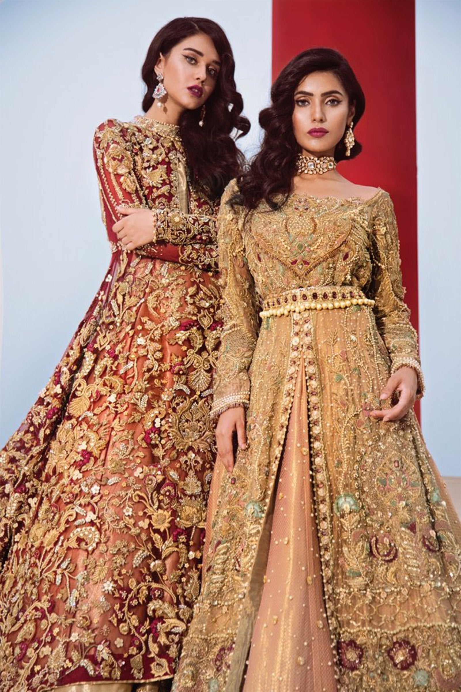 Pakistani Champagne-Gold Embroidered Tissue Gown with Atlas Lehenga (3-Piece) - Image 3