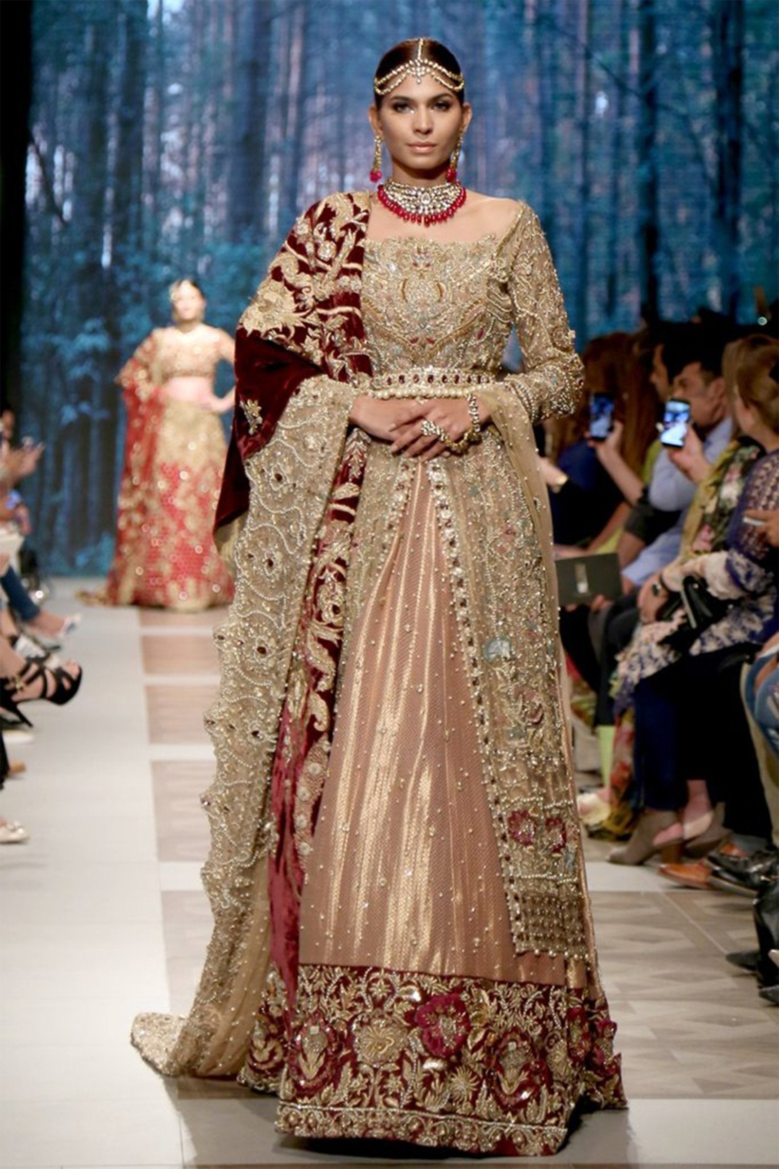 Pakistani Champagne-Gold Embroidered Tissue Gown with Atlas Lehenga (3-Piece) - Image 4