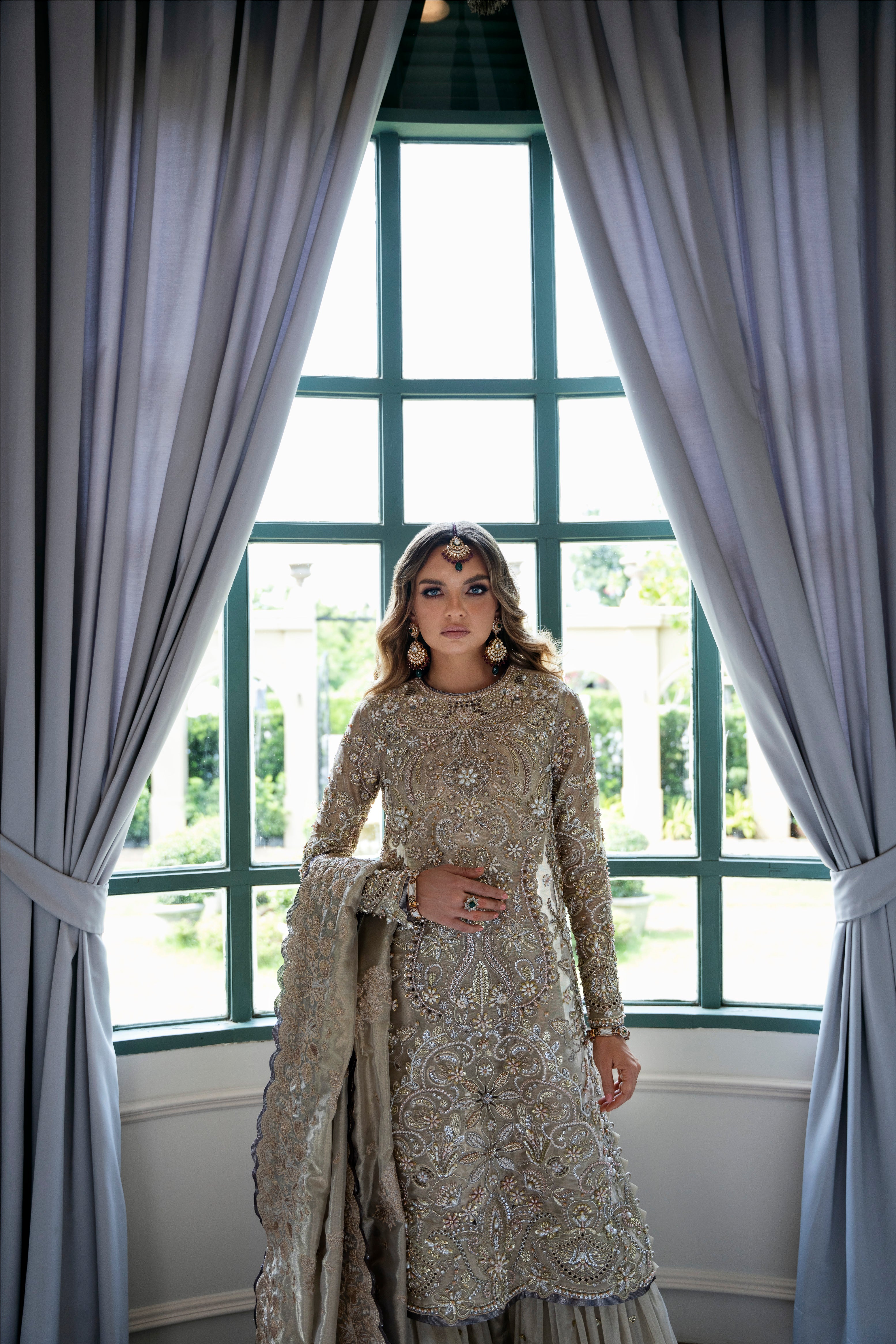 Champagne Gold Beaded Tissue & Net Lehenga (3-Piece) - Image 2