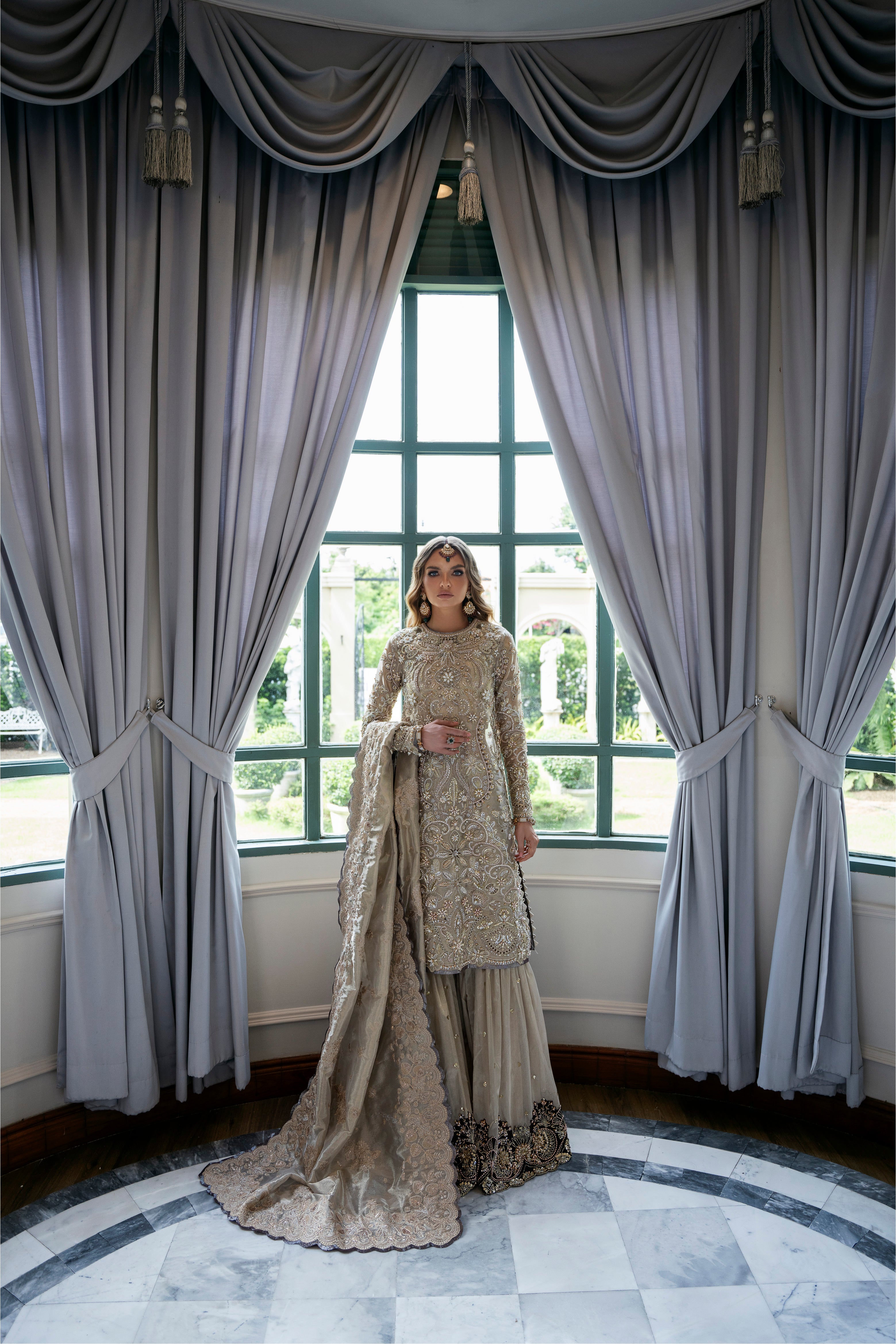 Champagne Gold Beaded Tissue & Net Lehenga (3-Piece) - Image 4