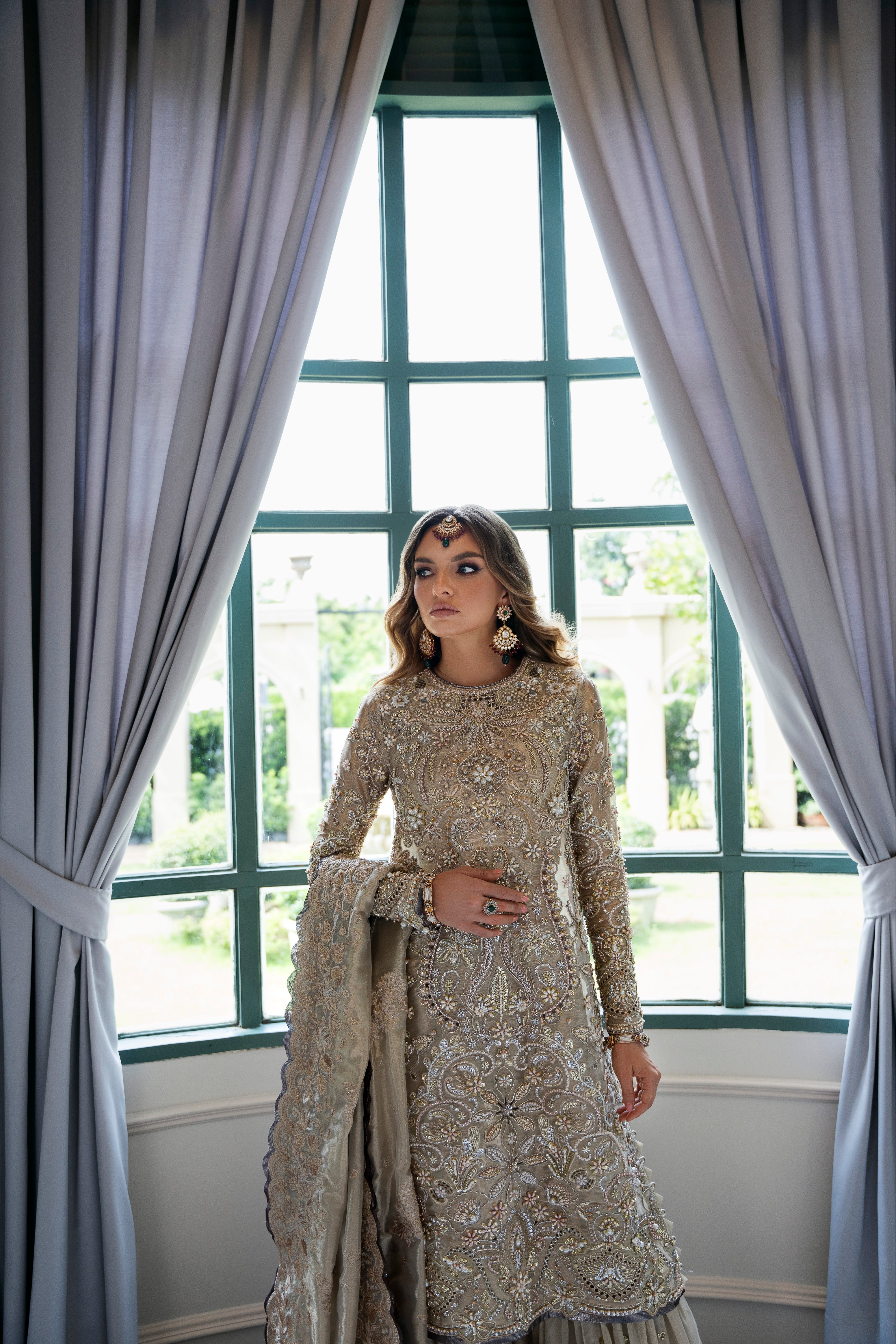 Champagne Gold Beaded Tissue & Net Lehenga (3-Piece) - Image 6